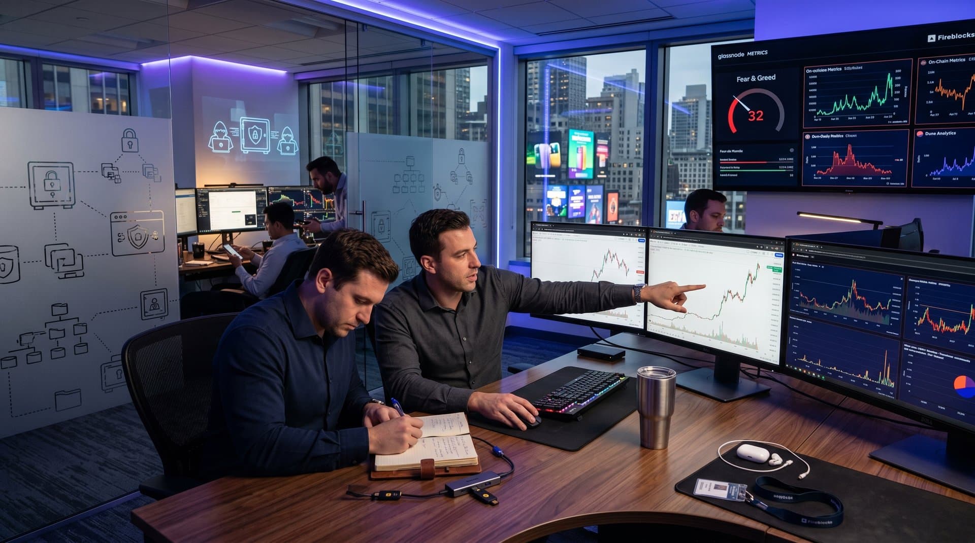 Trading desk screens show Bitcoin at $78,089, Fear & Greed at 32, and crypto charts in modern financial office