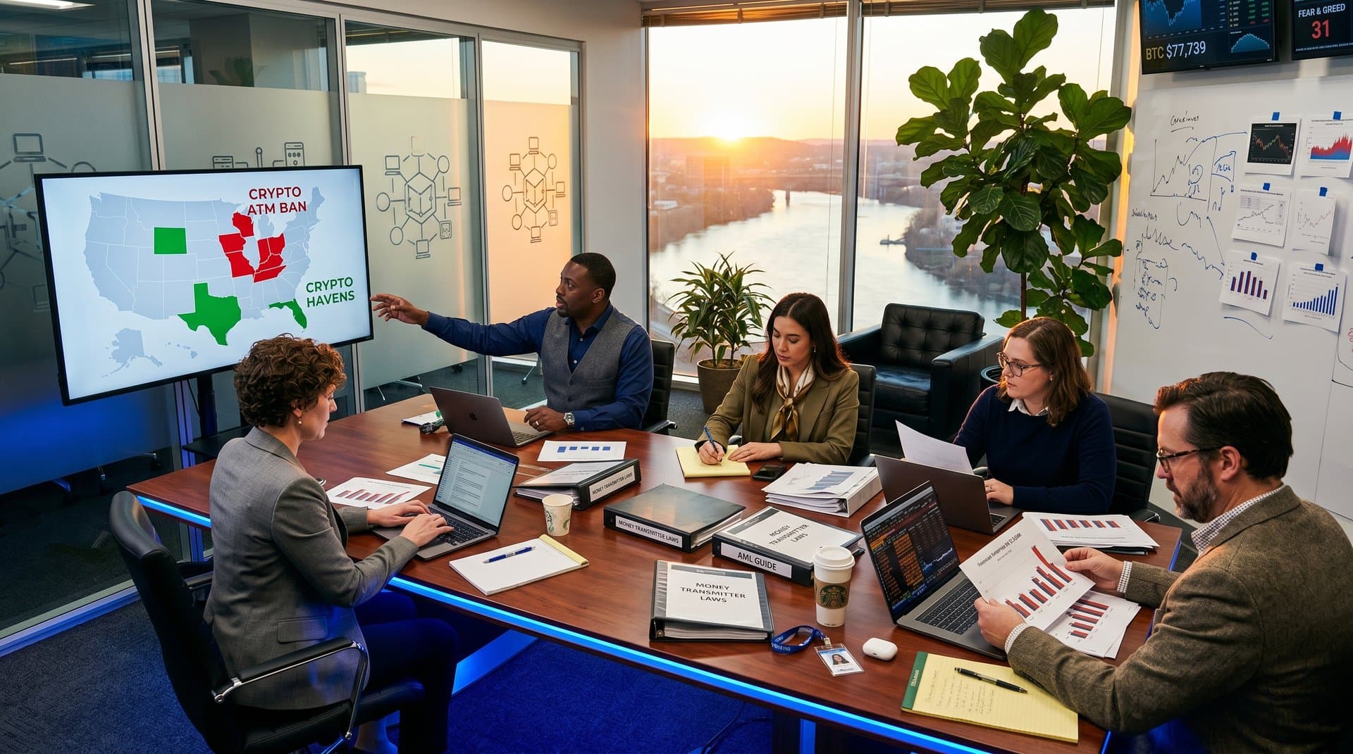 Fintech executives analyze U.S. regulatory map on monitor in modern boardroom with Bloomberg terminals and legal documents