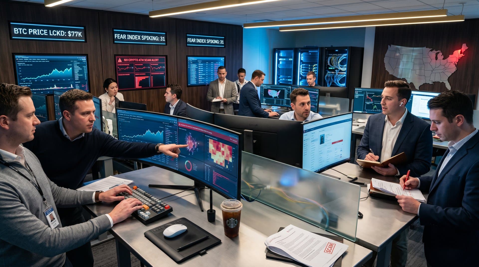 Fintech compliance center with monitors tracking crypto scams and KYC dashboards amid server racks