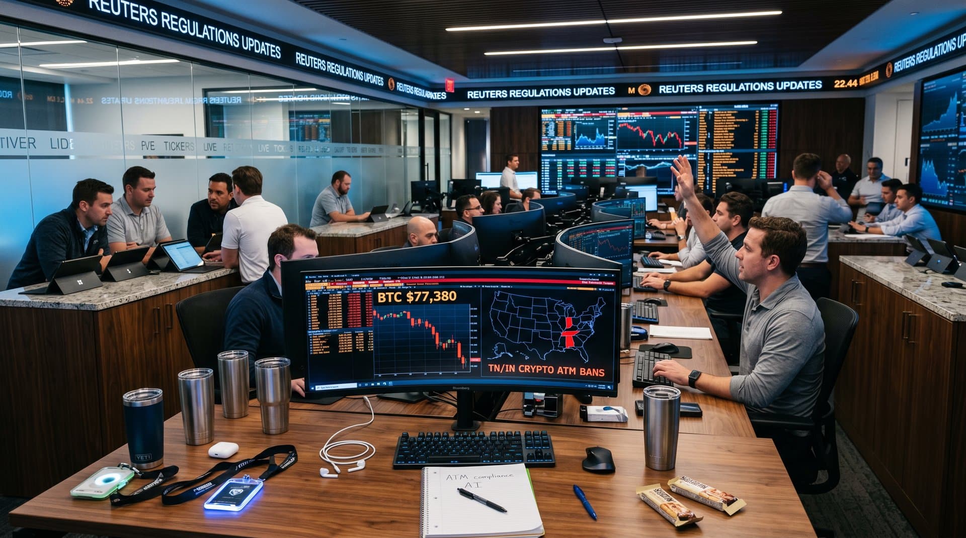 Fintech trading floor screens show crypto charts and US state regulation maps for ATM bans