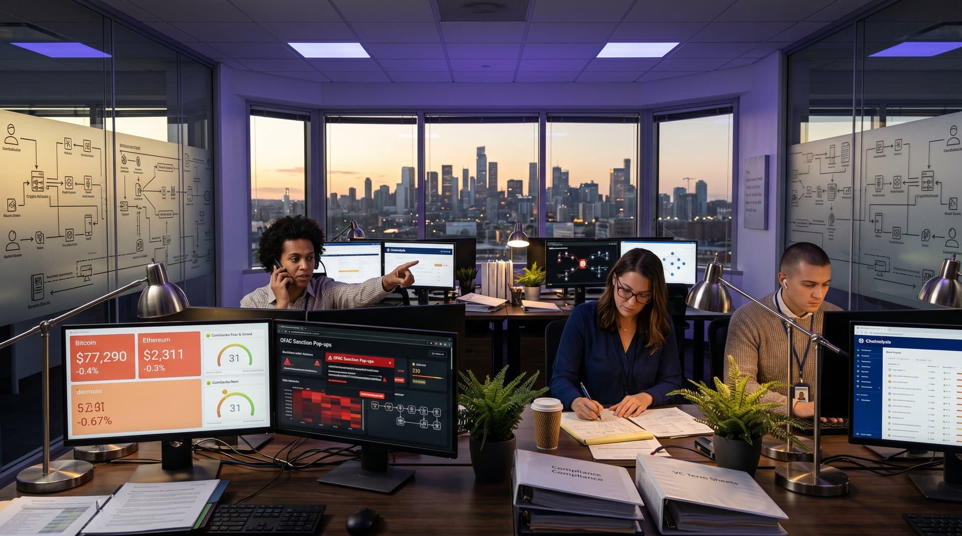 Startup team at monitors analyzes Treasury Iran crypto sanctions impact on BTC charts and compliance risks