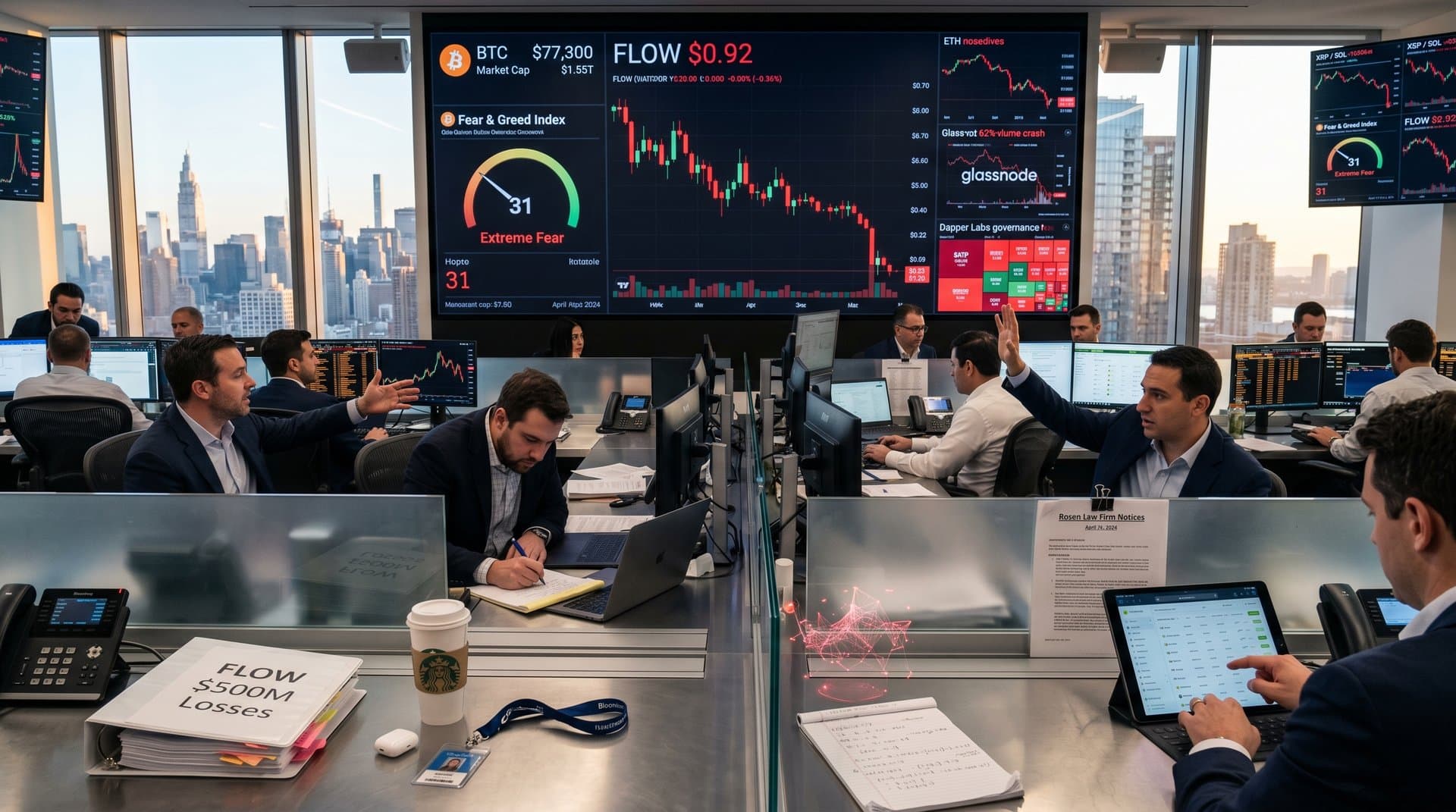 Traders analyze FLOW crypto charts and legal documents on trading floor amid market fear