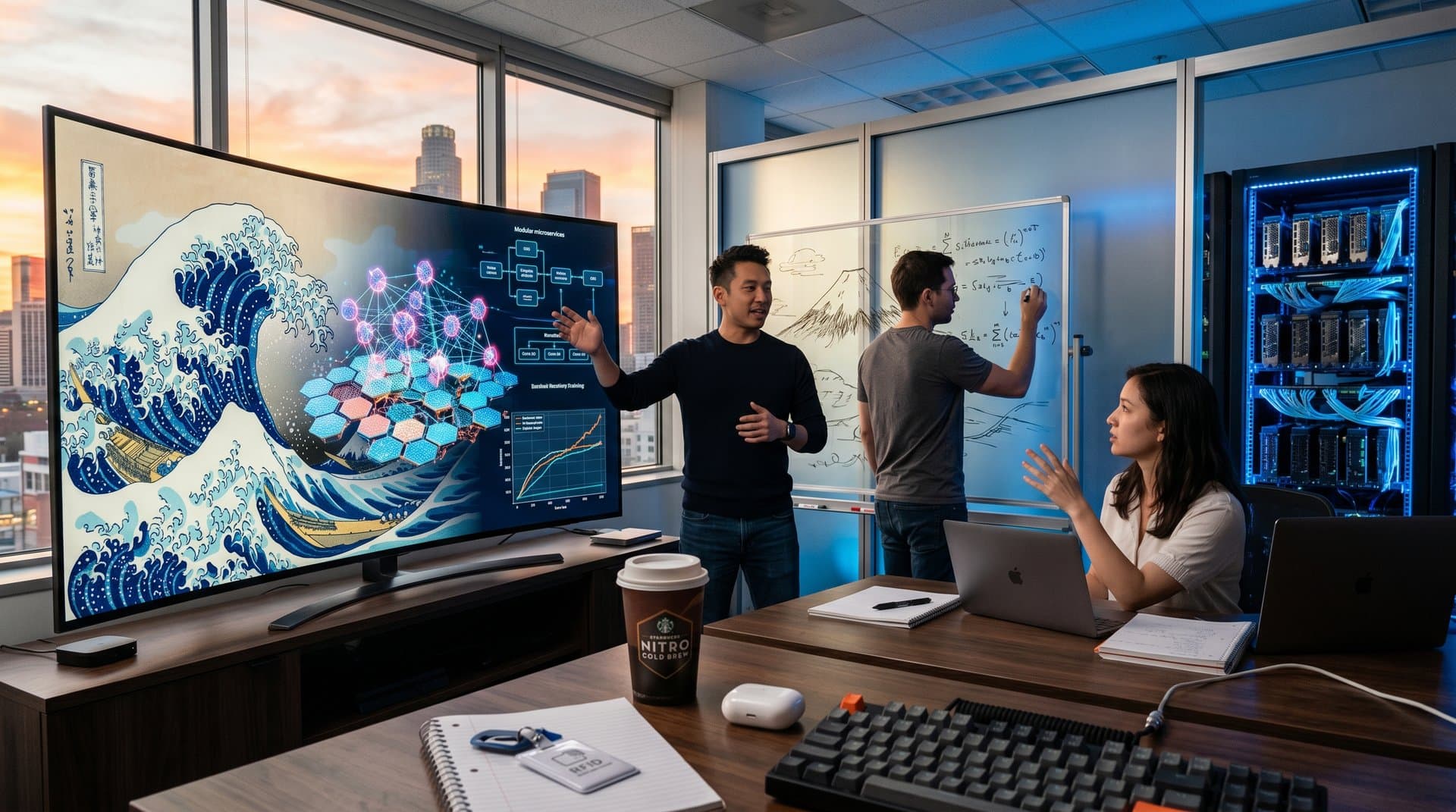 Hokusai wave tessellated into AI neural network on lab screen amid scalable architecture diagrams