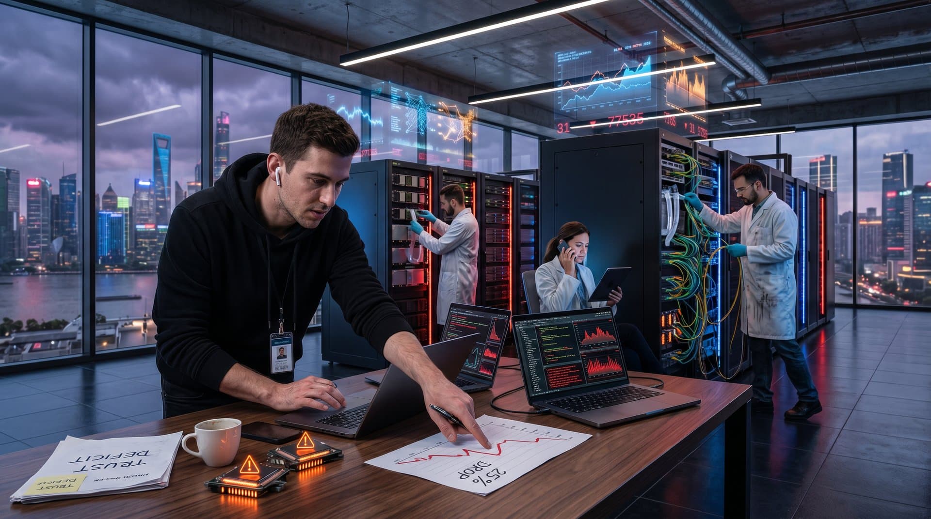 Cyberpunk AI lab with glitching neural networks, red Fear Index at 31, crashing valuation charts, and tense twilight skyline