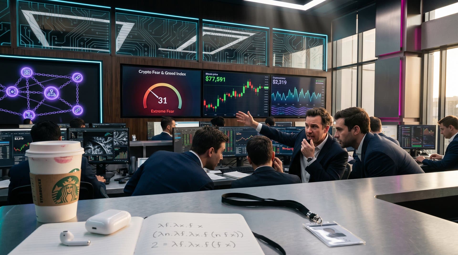 Abstract lambda calculus reductions overlaid with crypto Fear Index and BTC charts