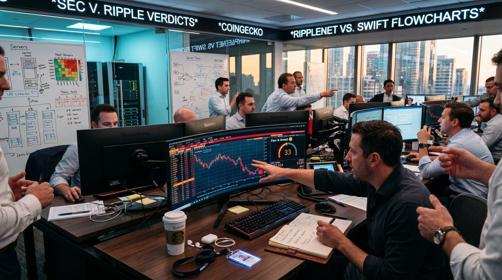 Trading floor monitors track XRP at $1.42 amid crypto charts and Ripple SEC updates