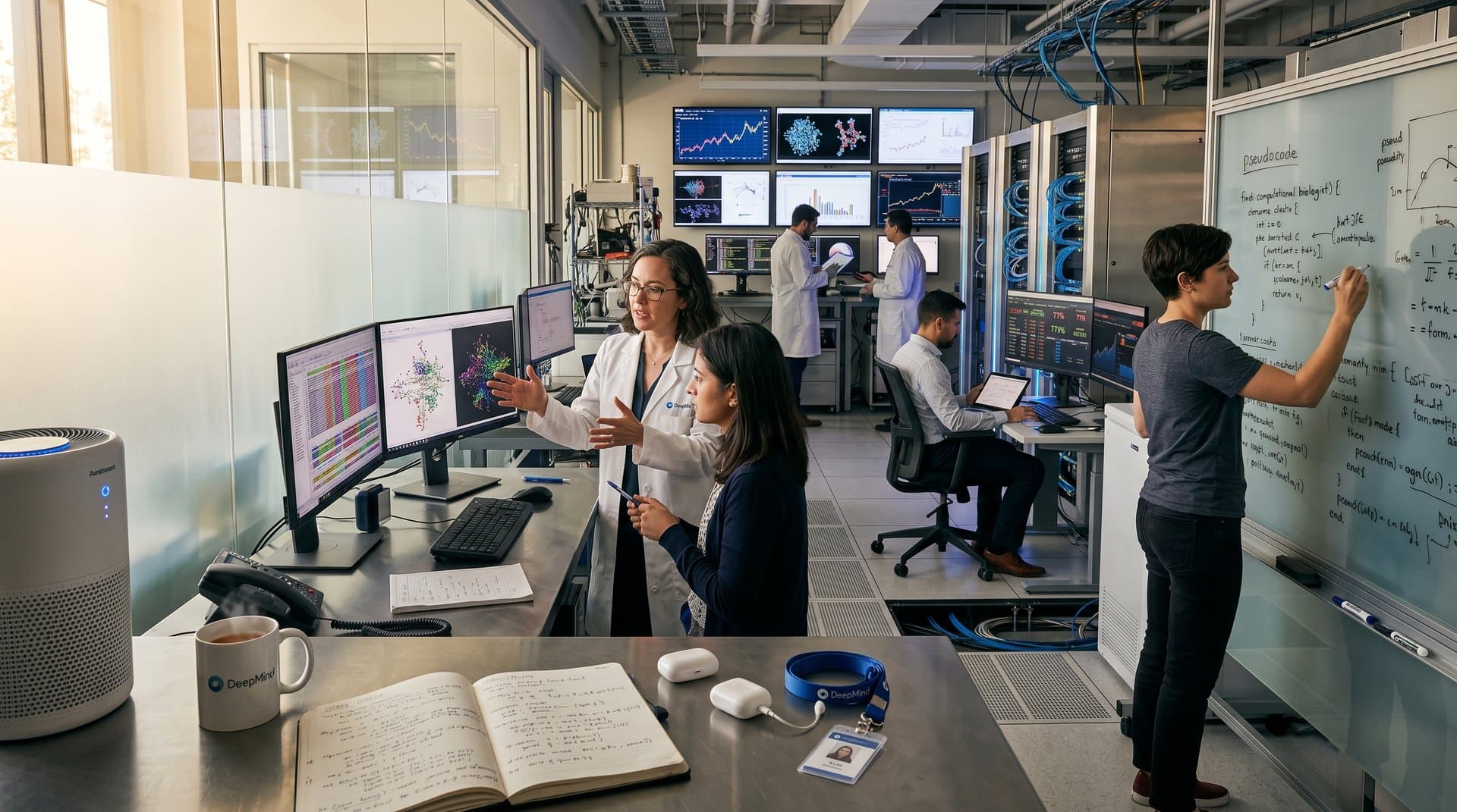AI-biotech lab screens show neural nets, DNA data, blockchain charts, and crypto tickers in modern workspace