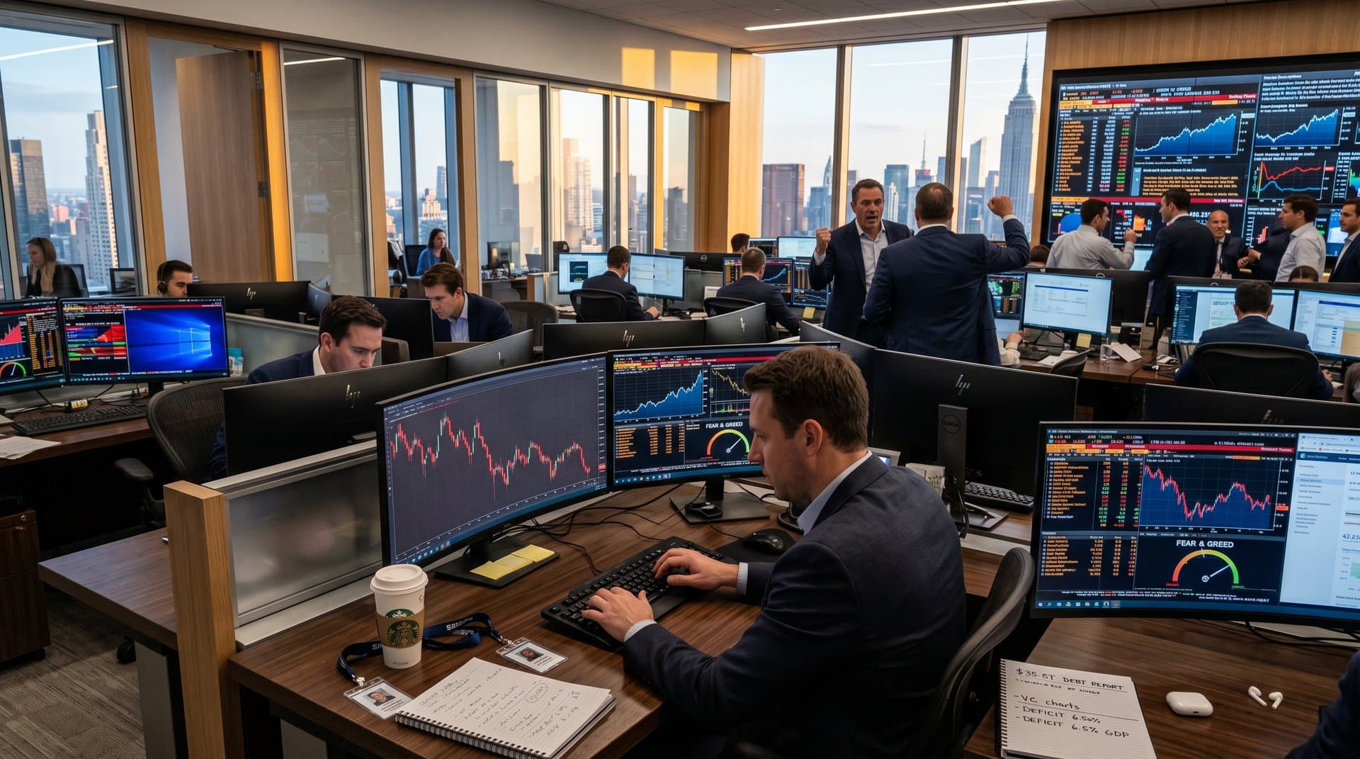 Analysts at Bloomberg terminals in a hedge fund trading room review $35.8T debt charts, BTC $77k prices, and Fear & Greed Index at 33 amid New York skyline view