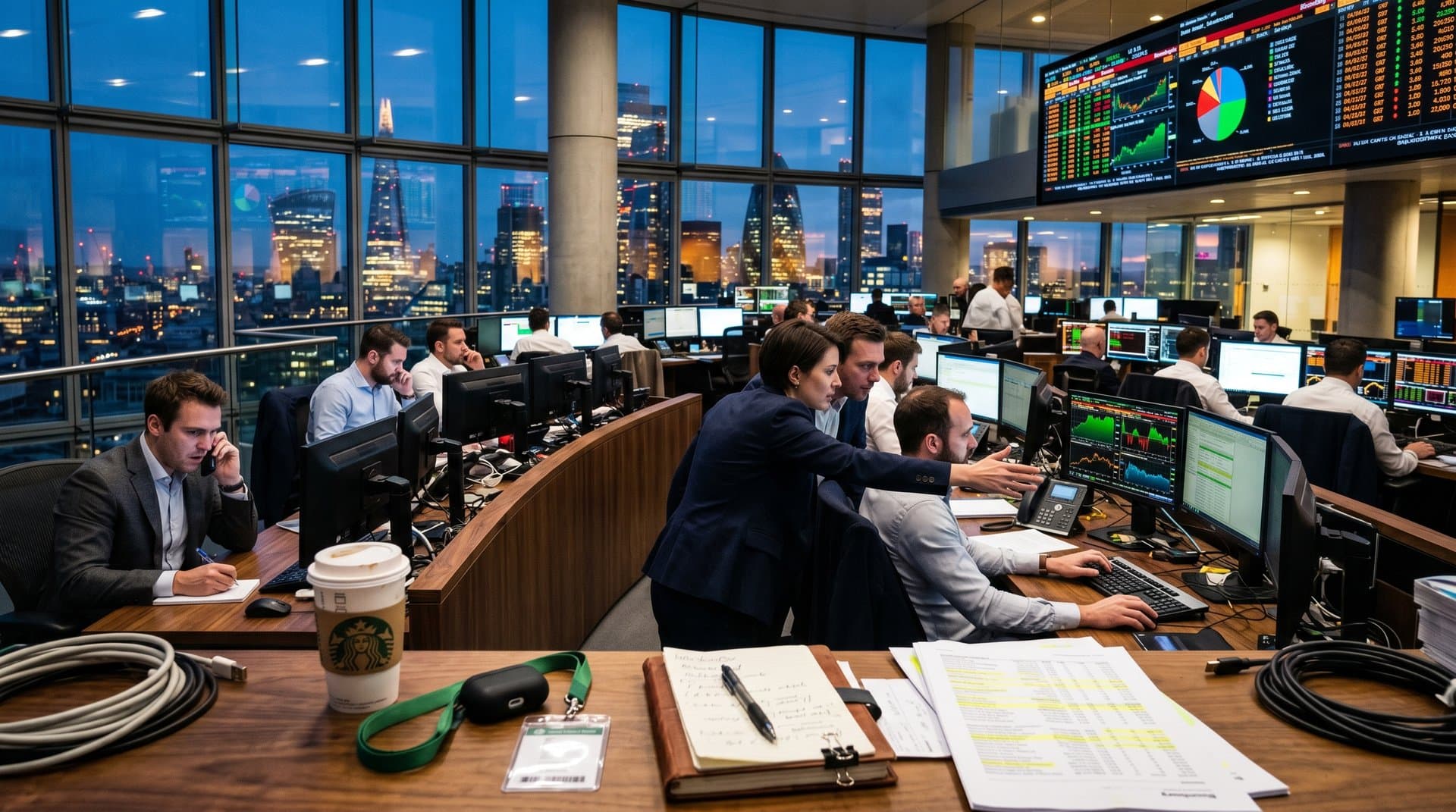 Modern hedge fund trading floor displaying Ackman AI portfolio charts for MSFT, GOOGL, NVDA with 38% allocation pie chart and city skyline view