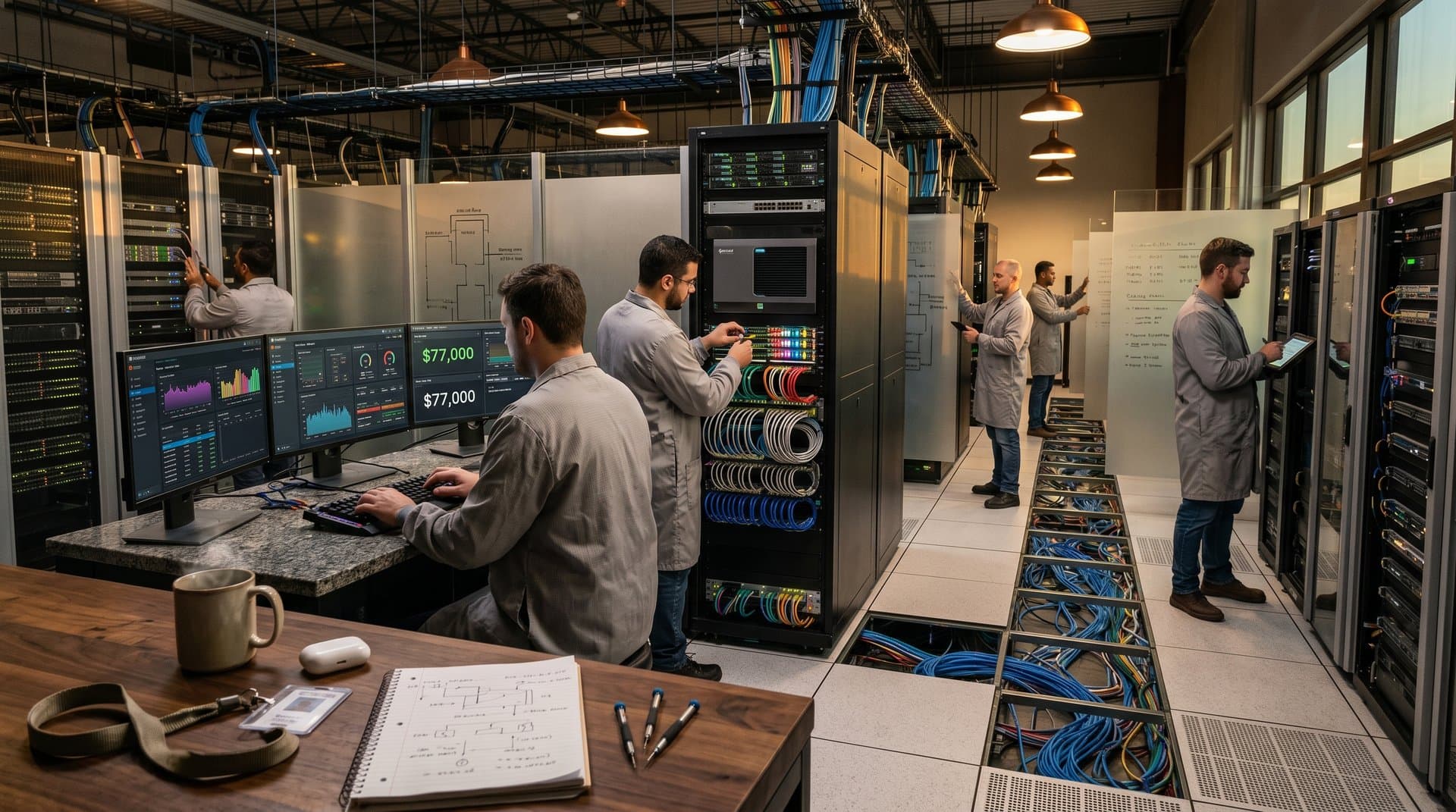 Server rack with DIY PBX in data center, monitors show crypto prices and SIP stats amid cabling and LED lights