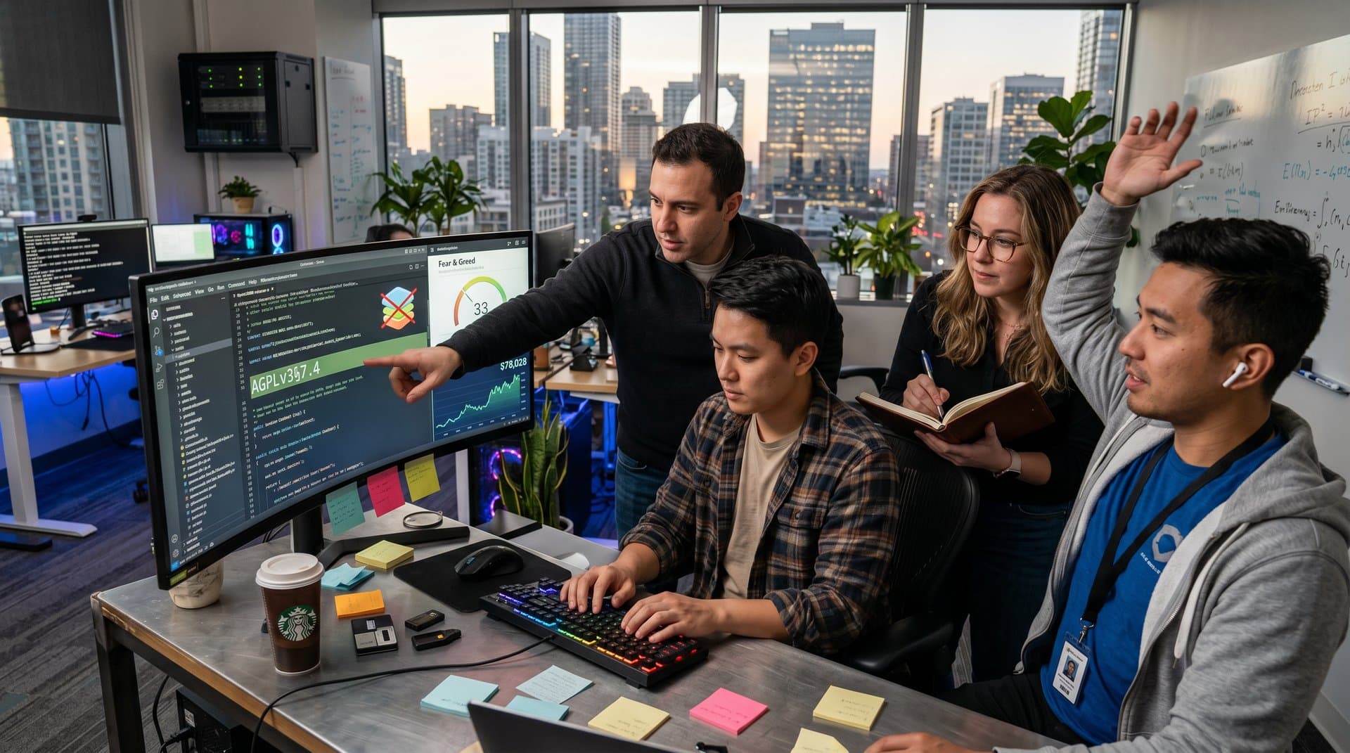 Startup screens showing AGPLv3§7.4 license, OnlyOffice without badgeware, and crypto Fear & Greed index