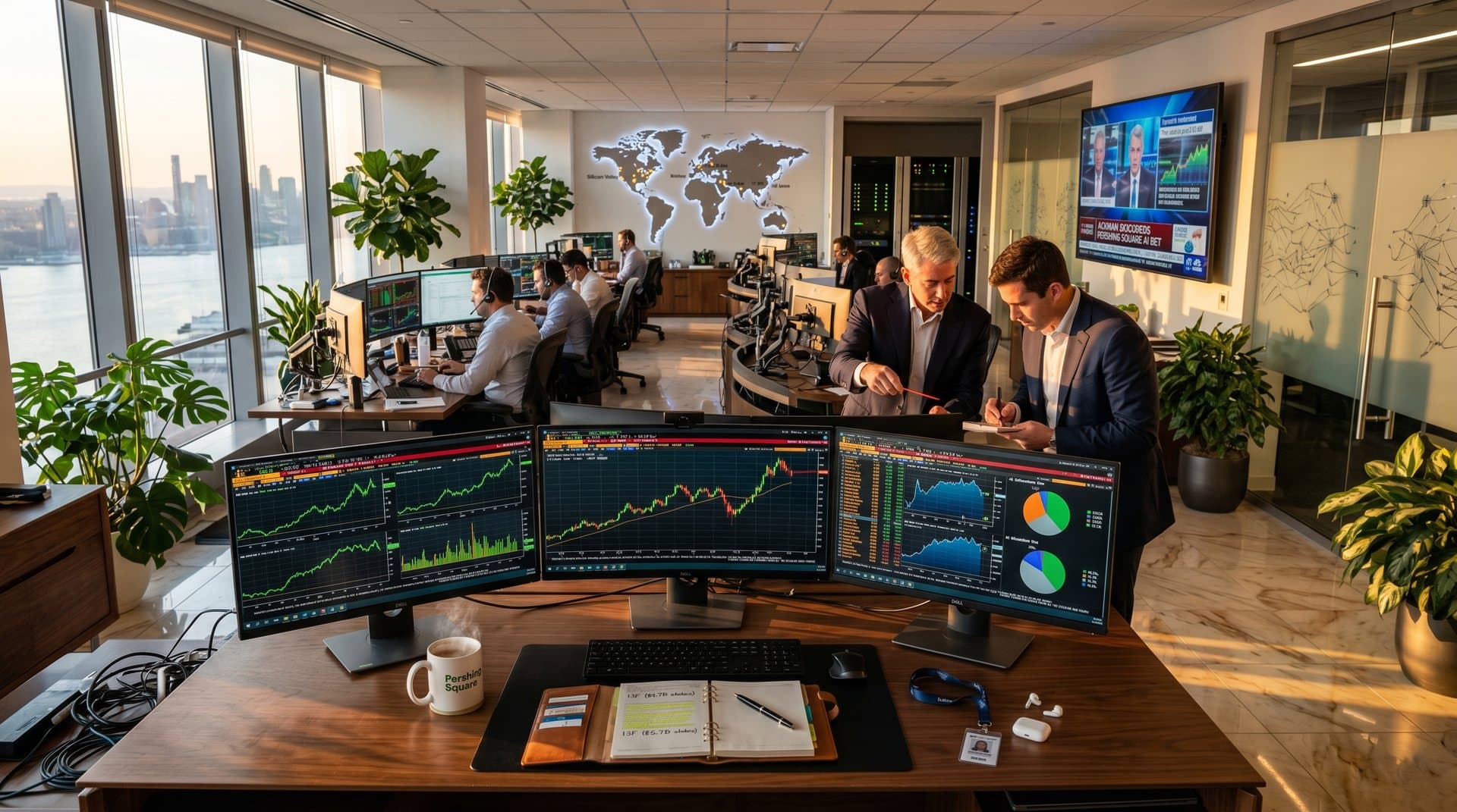 Hedge fund desk with Bloomberg terminal displaying Bill Ackman AI portfolio allocation charts