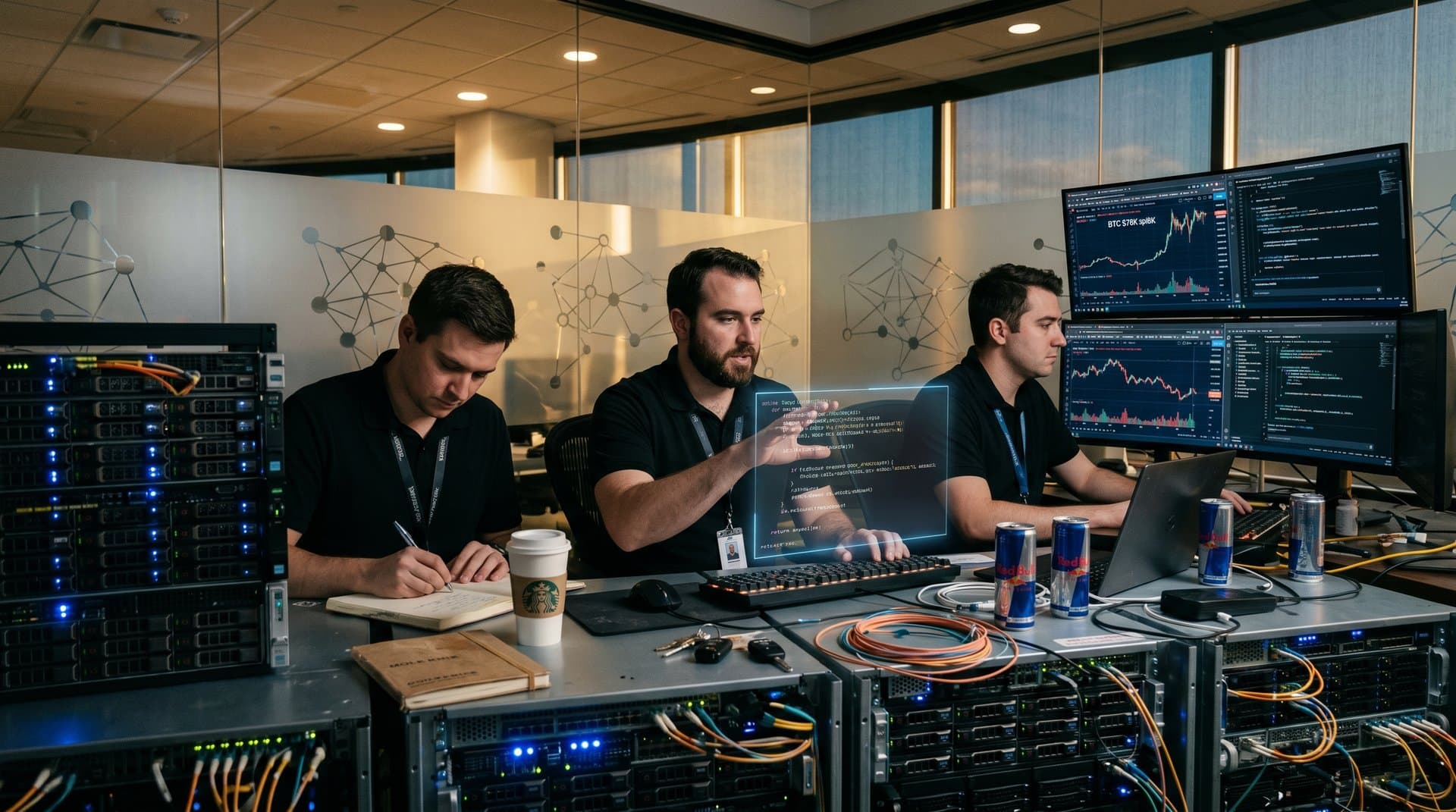 Cloud data center with holographic AI code projections, crypto charts, and server racks evoking startup efficiency