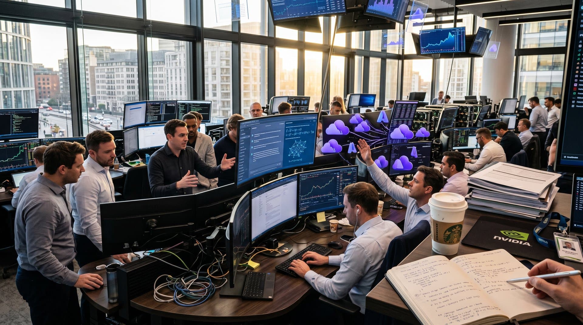 Glowing mathematical equations solving on digital cloud AI interface with ChatGPT elements