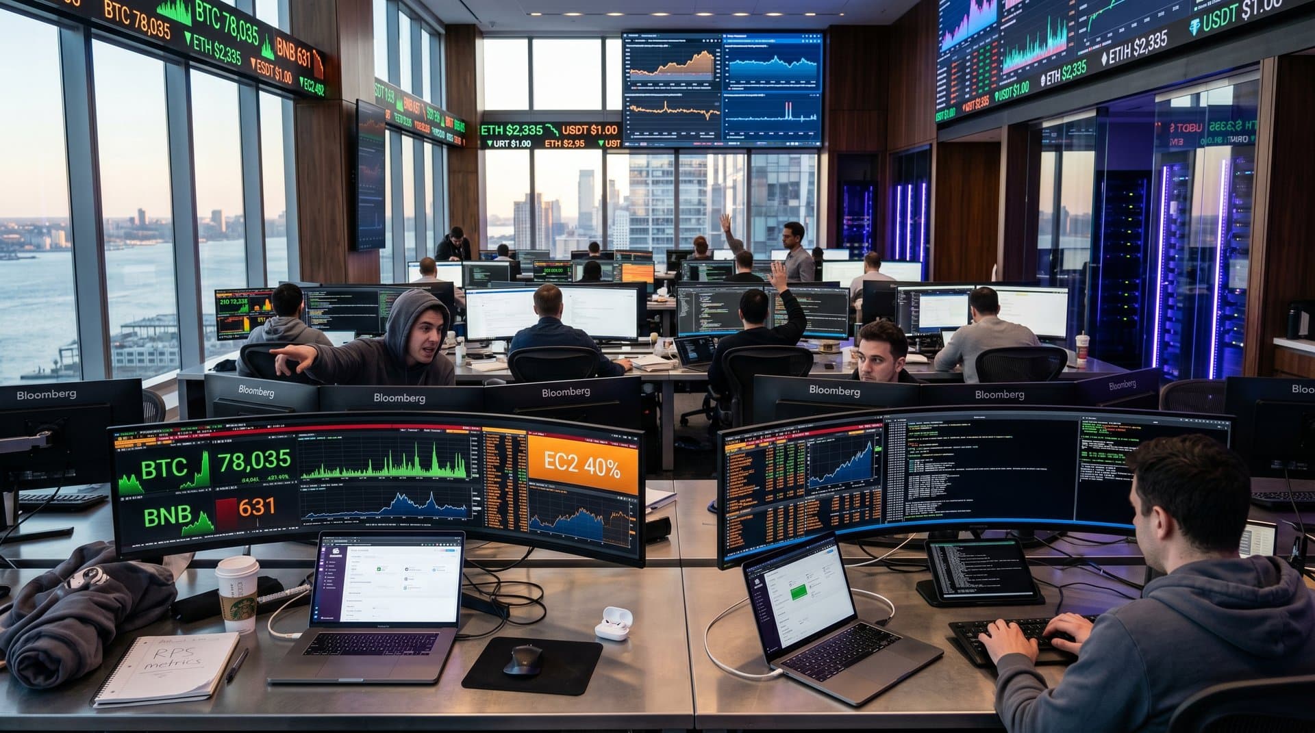 Trading ops center with BTC charts, Web RPS vs Hz dashboards, AWS alerts amid crypto market tickers.