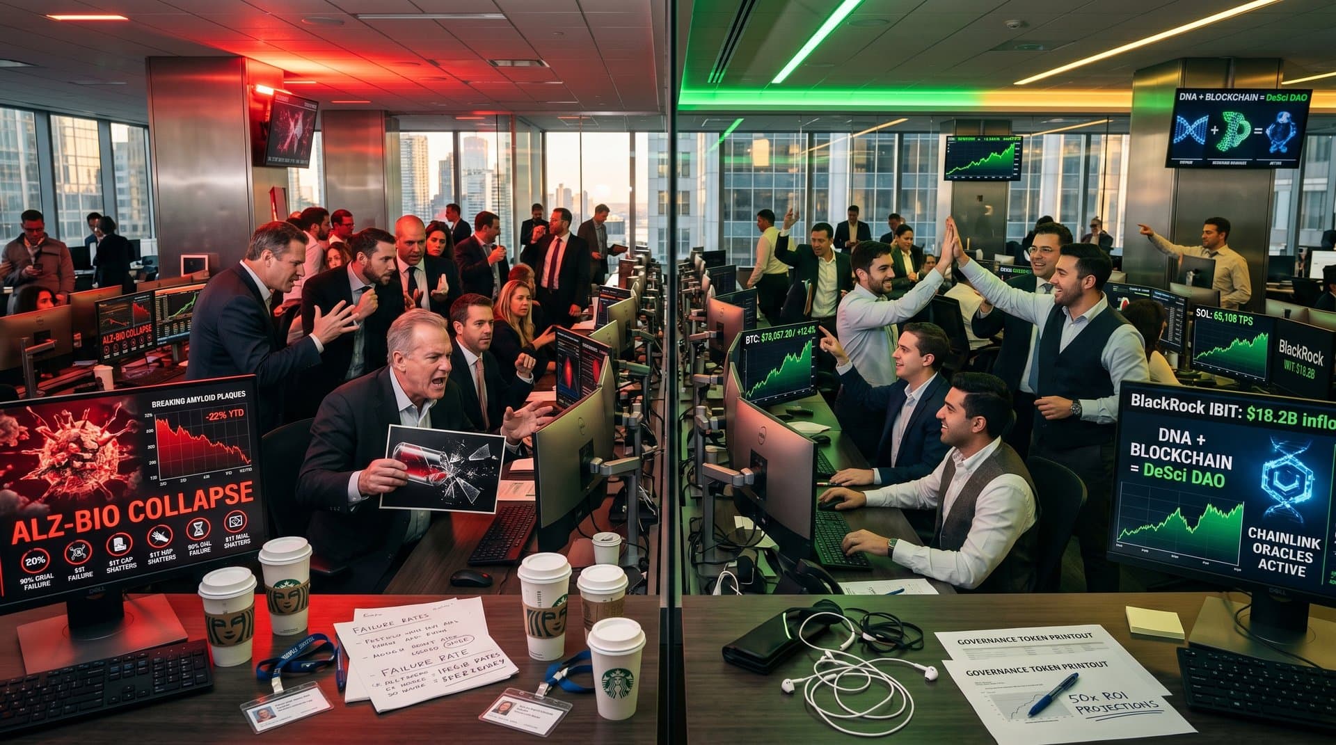 Abstract split-screen of Alzheimer's neural tangles versus blockchain DeSci networks with BTC charts symbolizing VC pivot