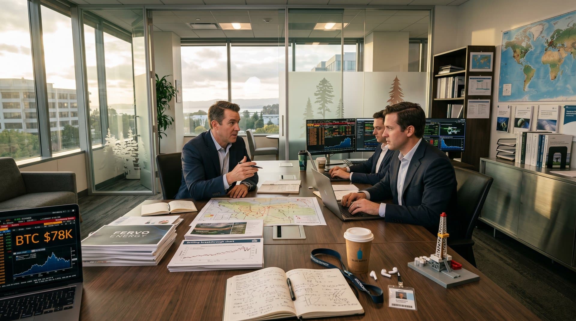 VC team reviews geothermal pitch decks with BTC charts on Bloomberg terminals in modern office