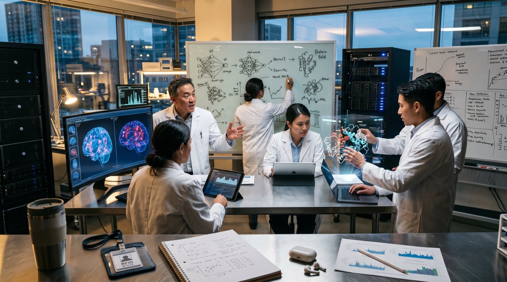 AI-driven biotech lab screens displaying brain scans, protein models, cloud dashboards in cutting-edge research setting