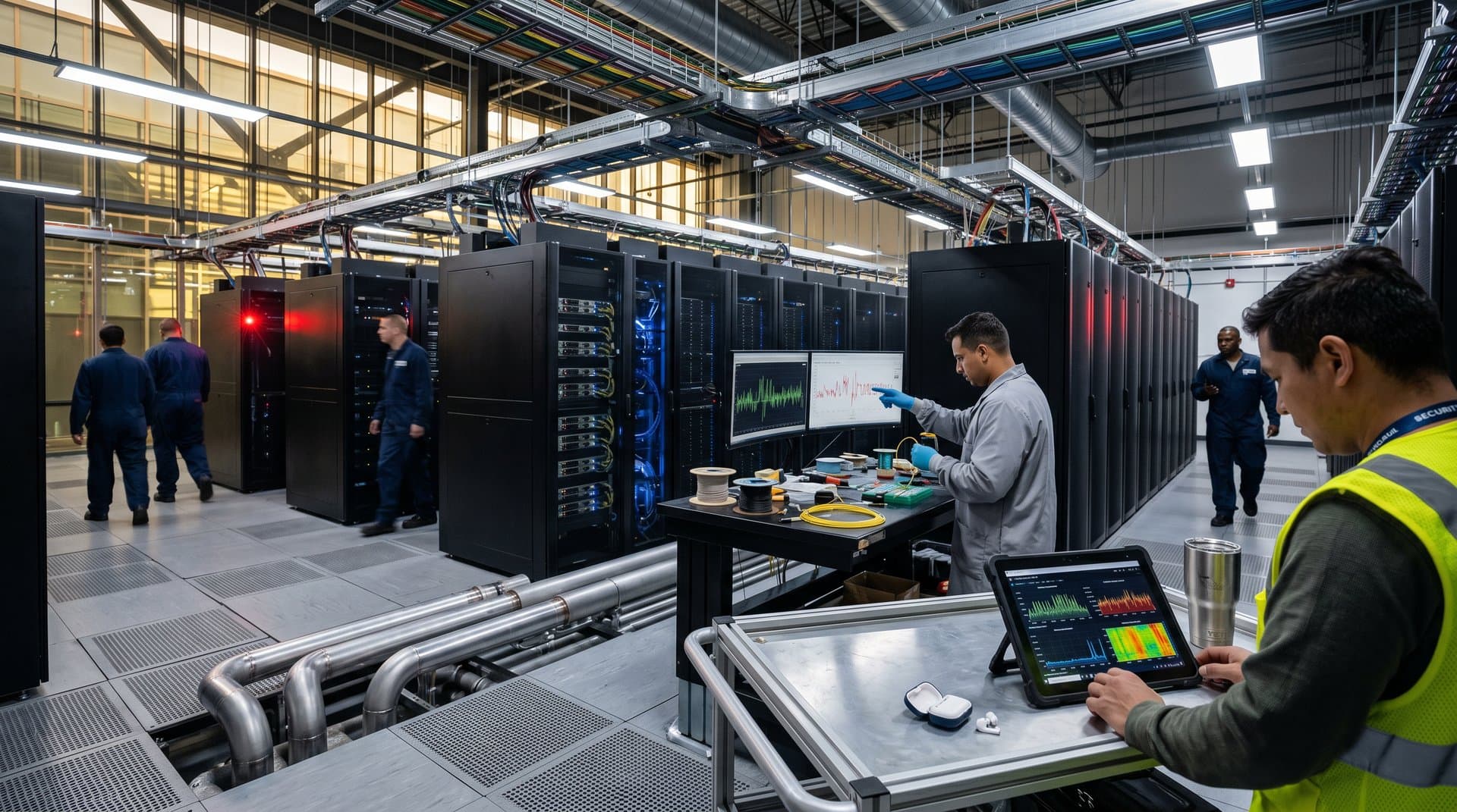 Hyperscale data center with GPU servers, utilization charts, and cooling infrastructure under LED lights