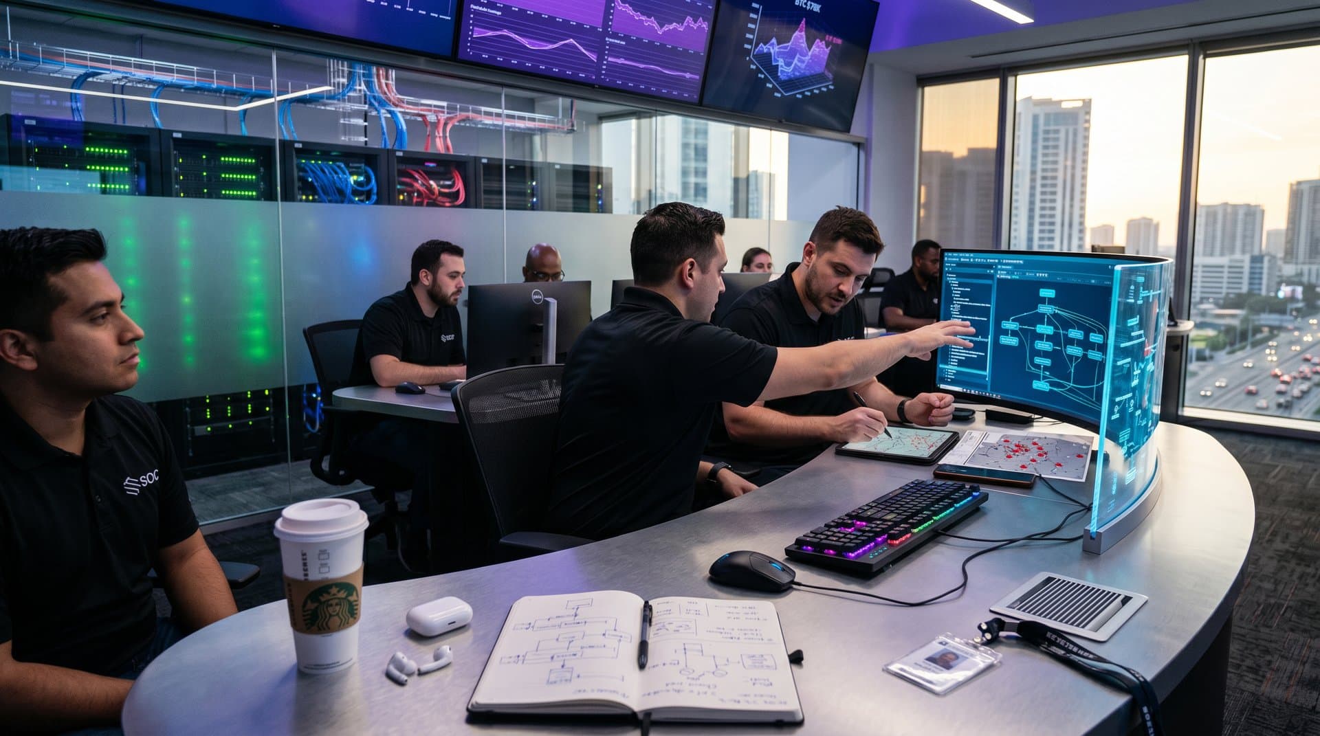 Cybersecurity command center with statecharts diagrams, BTC ticker, and server infrastructure