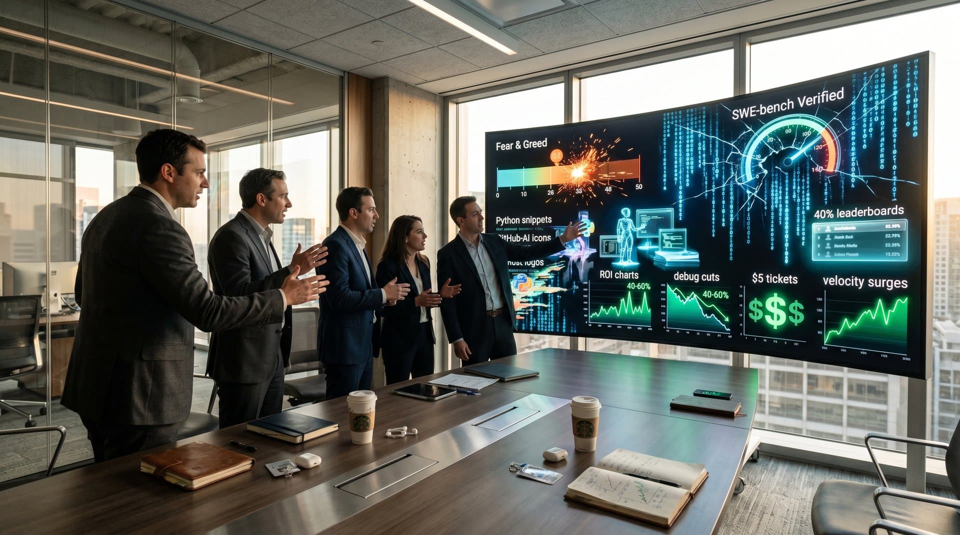 Abstract digital art of SWE-bench benchmark overload with AI code waves, Fear gauge at 33, and ROI charts