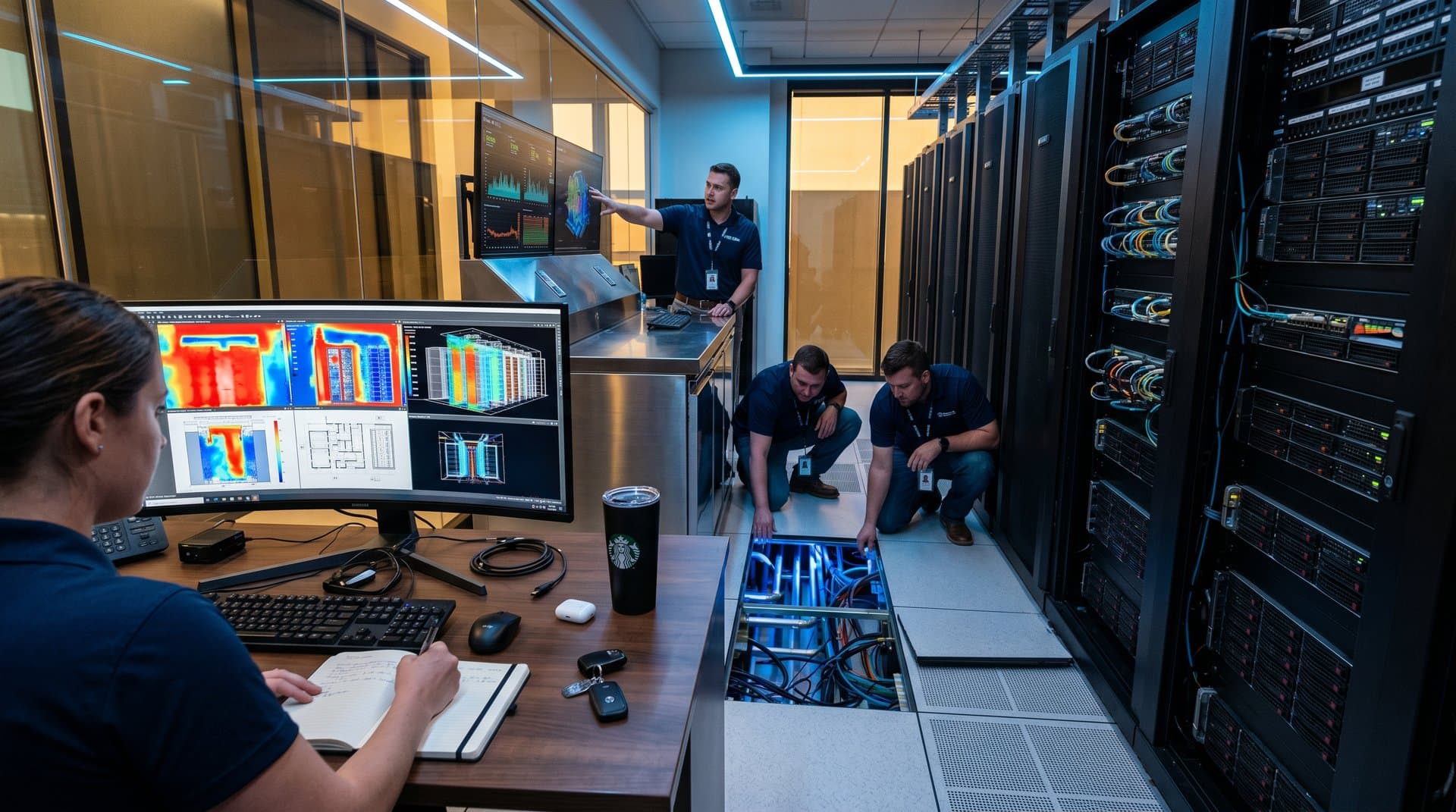 Data center cooling systems with thermodynamic simulations and server racks