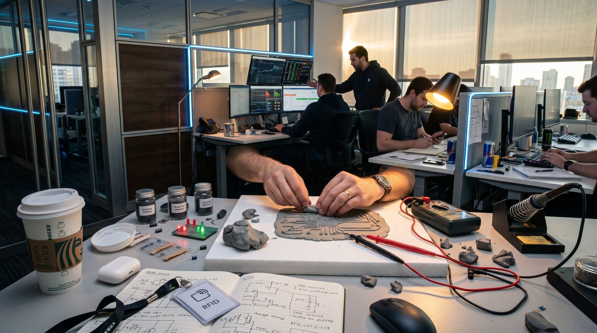 Engineer prototypes Clay PCB circuit on startup desk with crypto charts showing BTC $78K