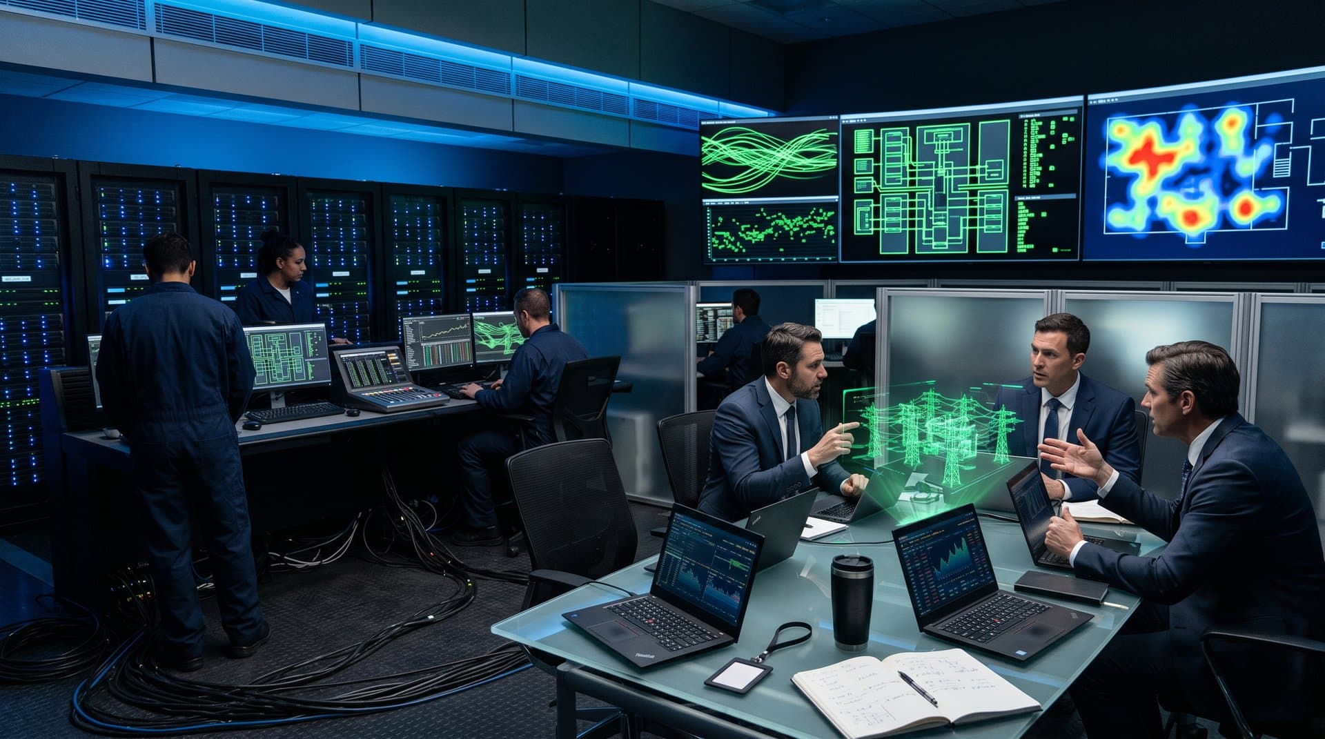 Data center control room with energy dashboards and executives reviewing bragawatts charts amid server racks