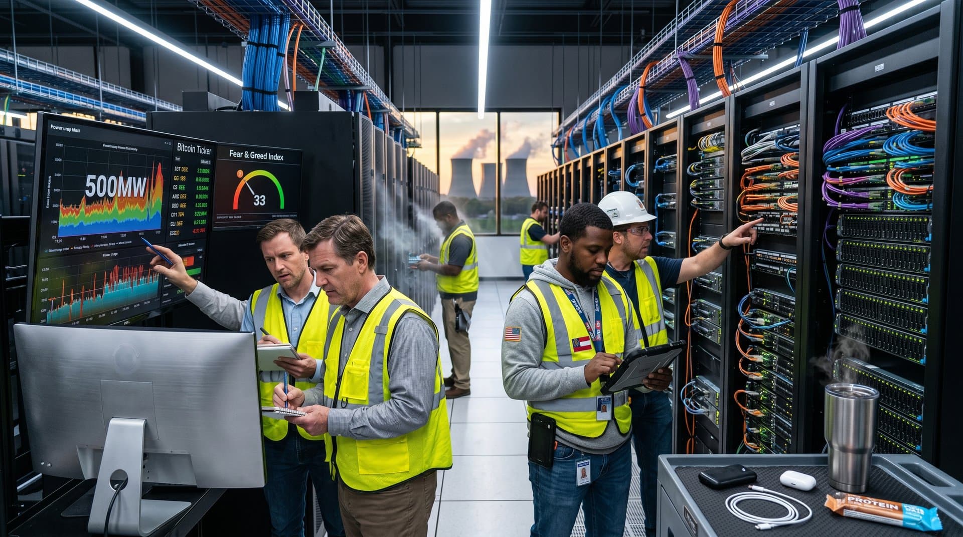 Technicians monitor server racks in Georgia Tier IV data center with dashboards and cooling systems