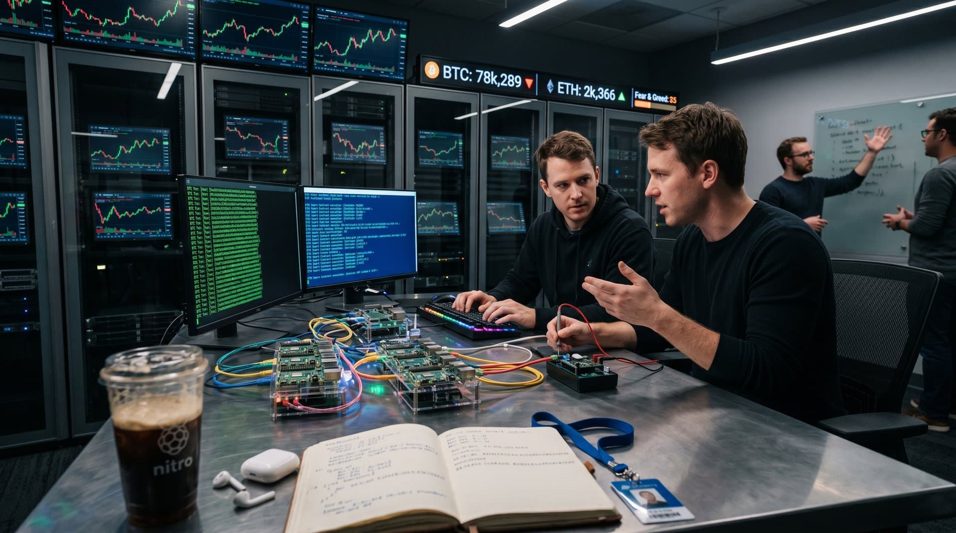 Futuristic data center with edge nodes, crypto price charts at BTC $78,289, and Dillo 3.3.0 browser screens