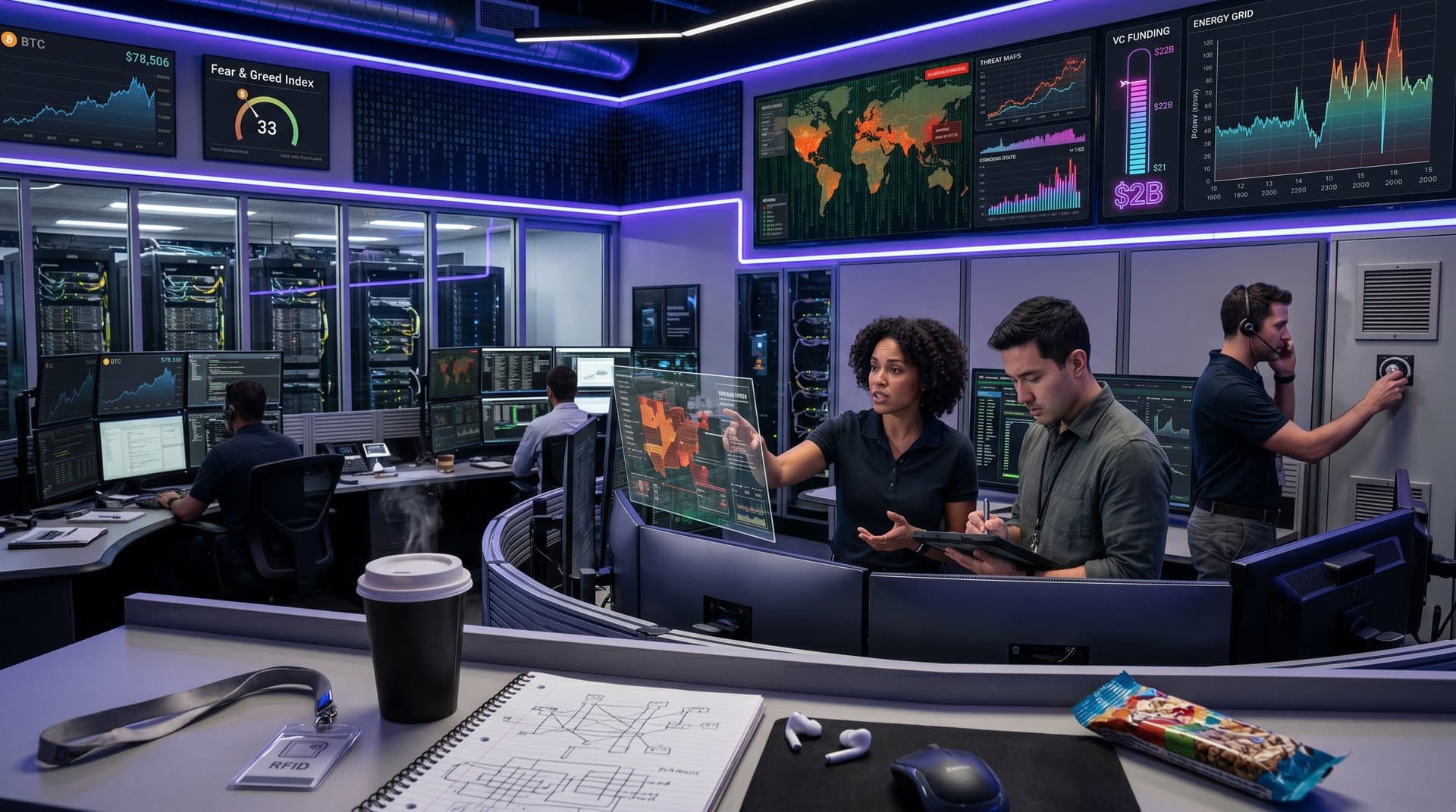 Holographic displays of cybersecurity threats, 1GW power graphs, and VC funding in futuristic AI data center