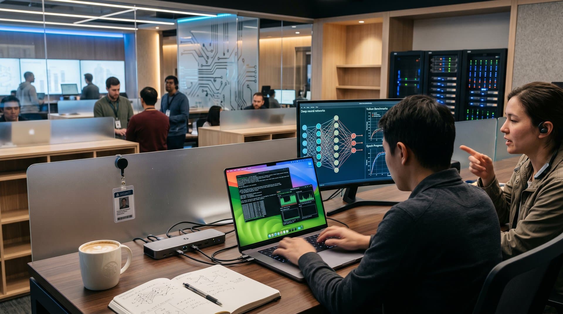 MacBook Pro running Asahi Linux 7.0 with AI DevOps terminals and GPU graphs on modern tech desk