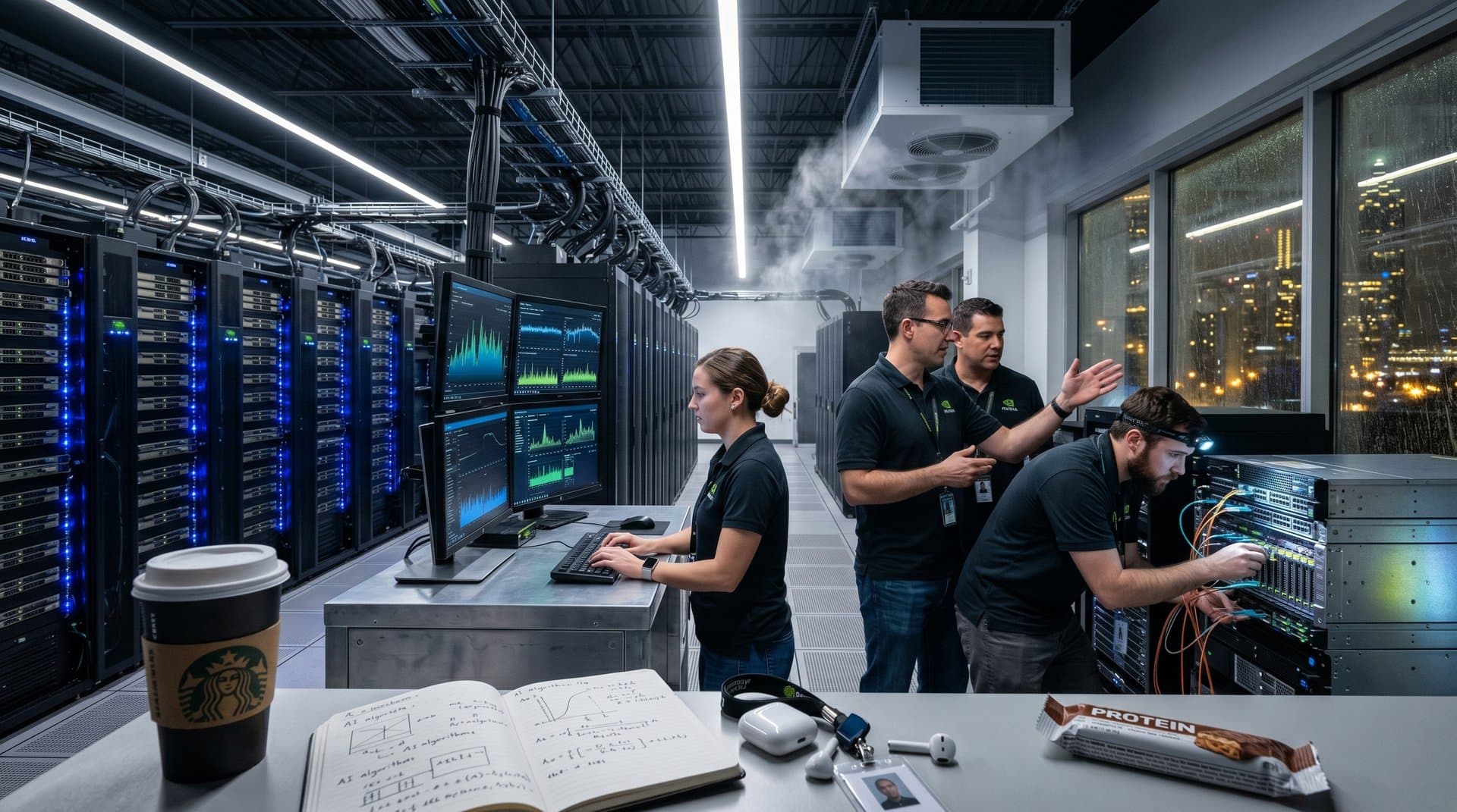 Glowing GPU servers and cooling systems in modern Atlanta data center with skyline view