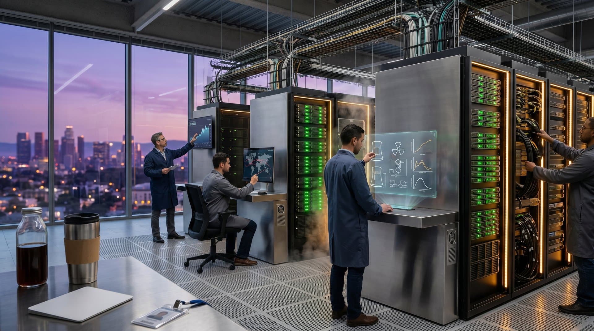 Data center server racks, cooling systems, and monitors displaying crypto and power metrics in high-security facility