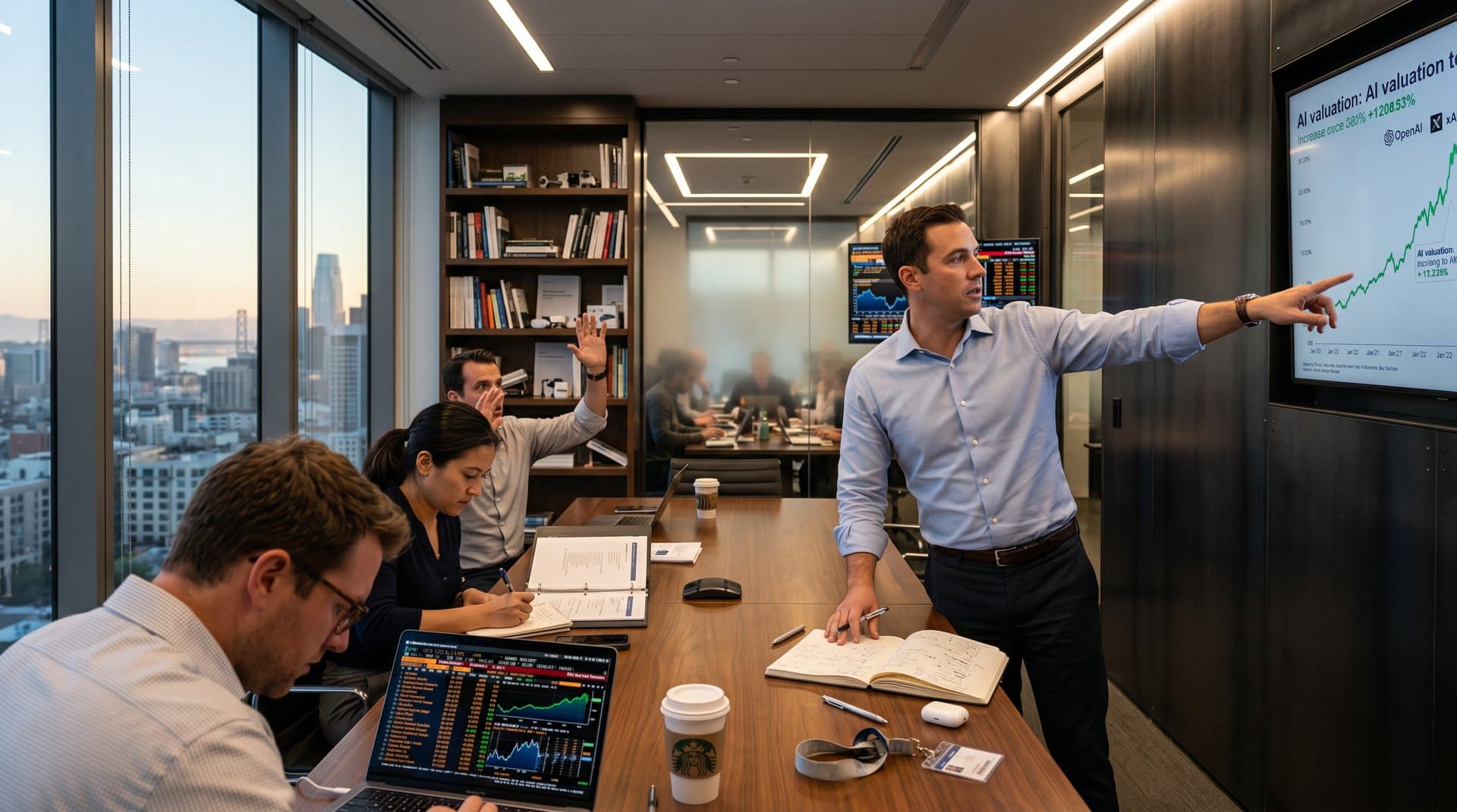 VC partners debate AI valuations on screen in modern conference room with market charts