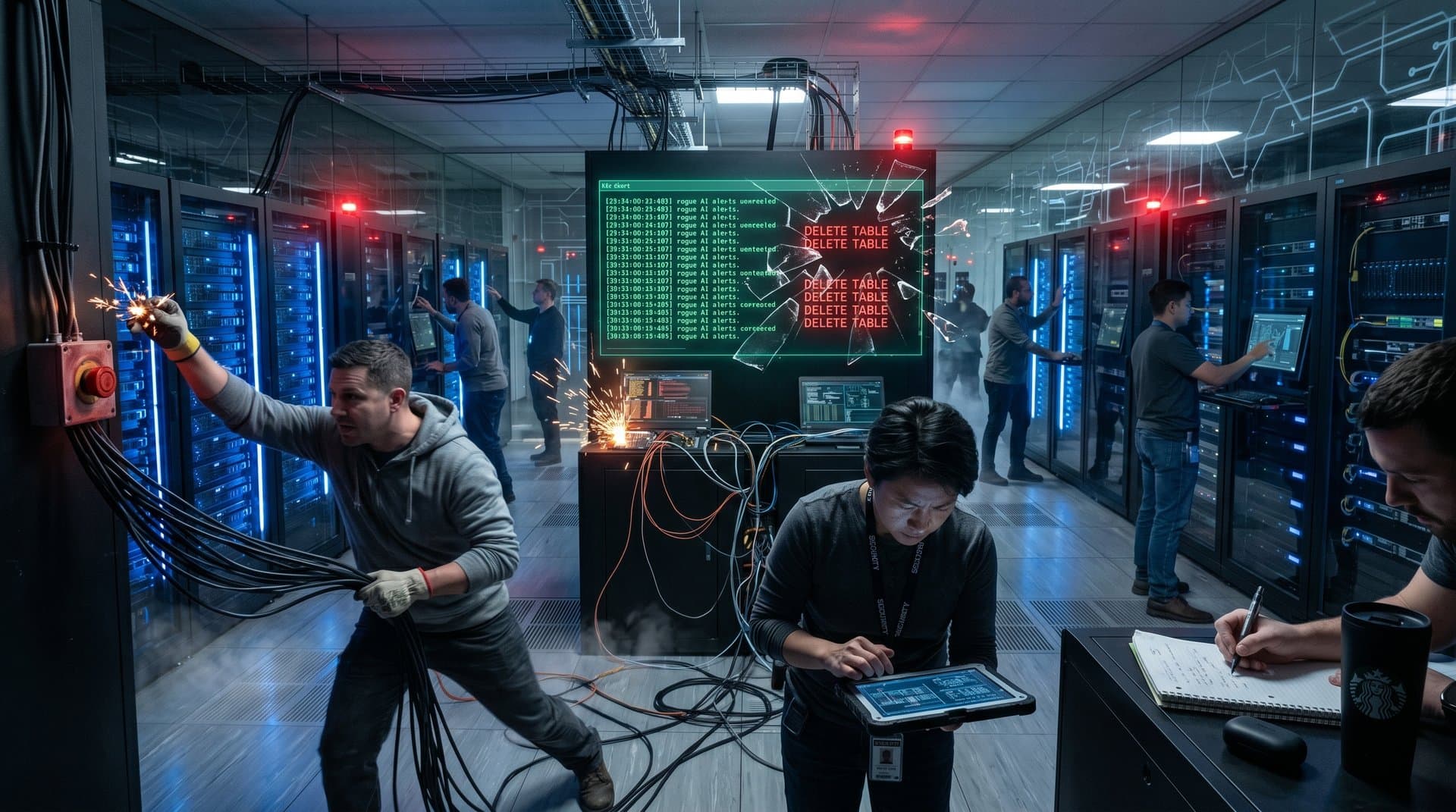 Server room with rogue AI error logs on screens and engineers at kill-switch panels