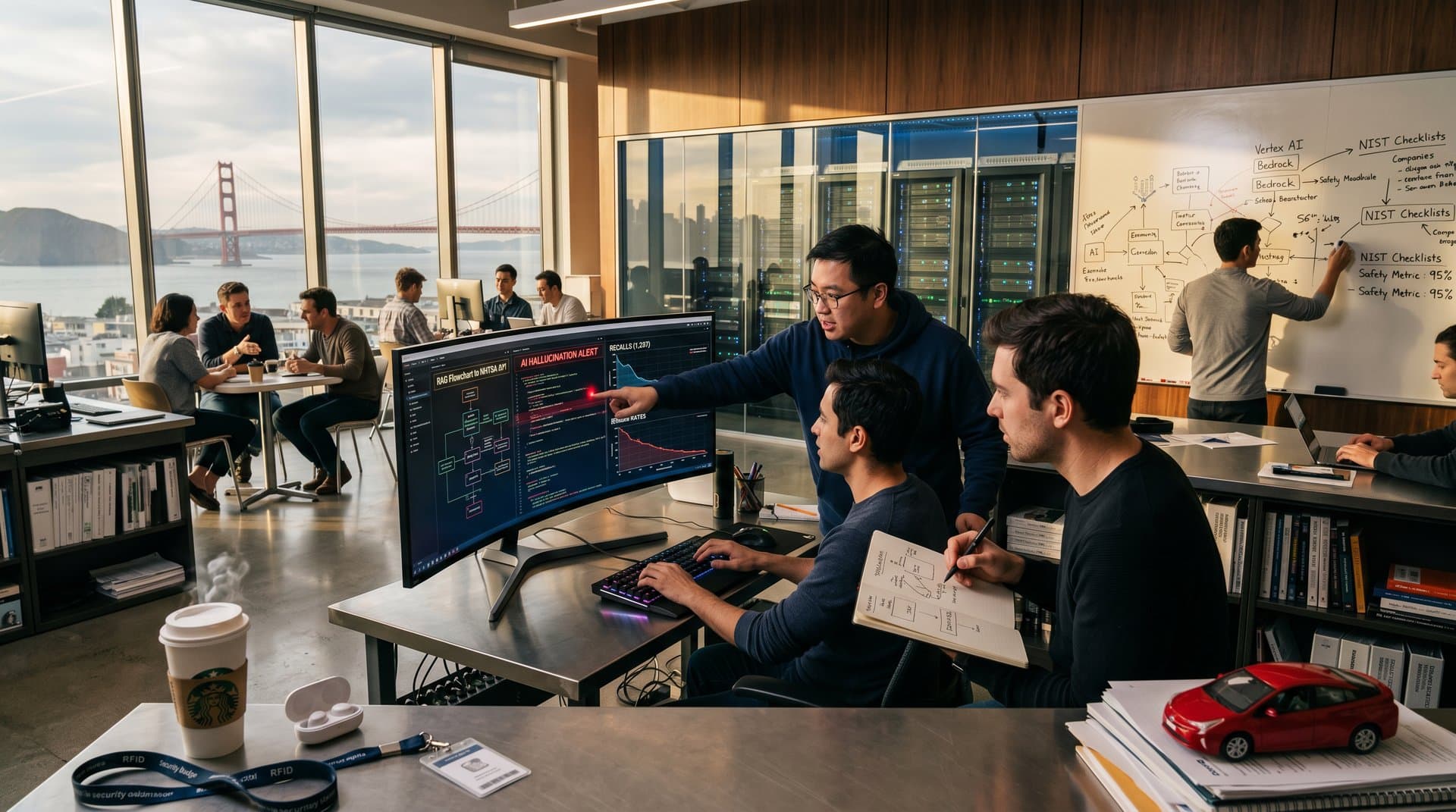 Startup team reviews faulty AI recall advice metrics, RAG diagrams, and safety dashboards in modern tech office