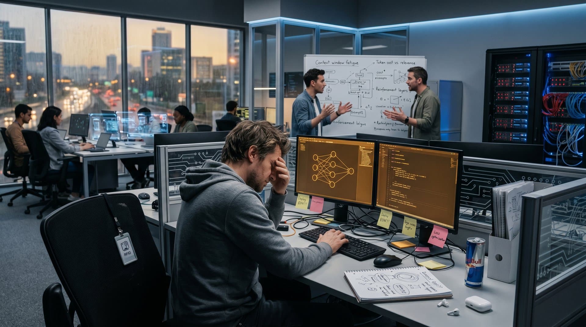 Tech office evoking AI rollout burnout: code-filled monitors, stress notes, rainy skyline
