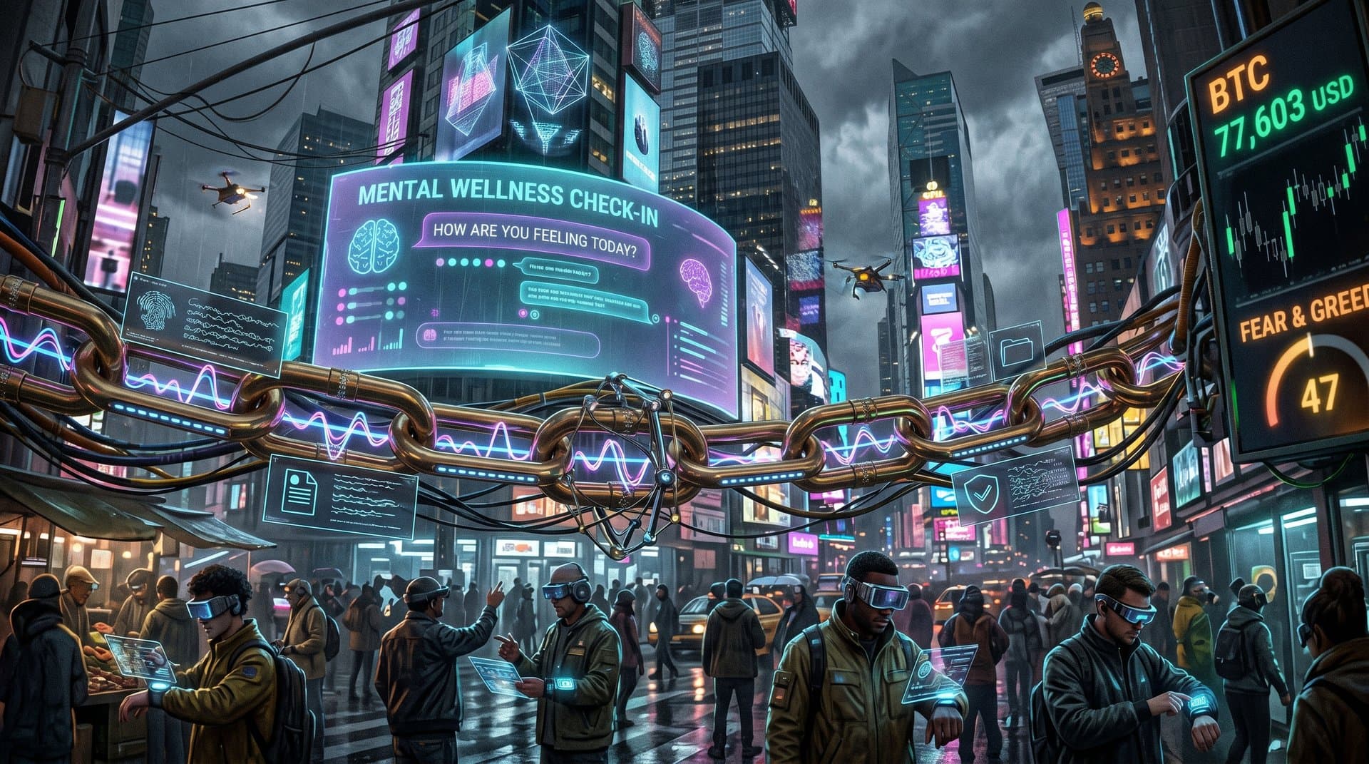 AI mental health safeguards visualized with blockchain moat, BTC chart at $77,603, and secure data flows