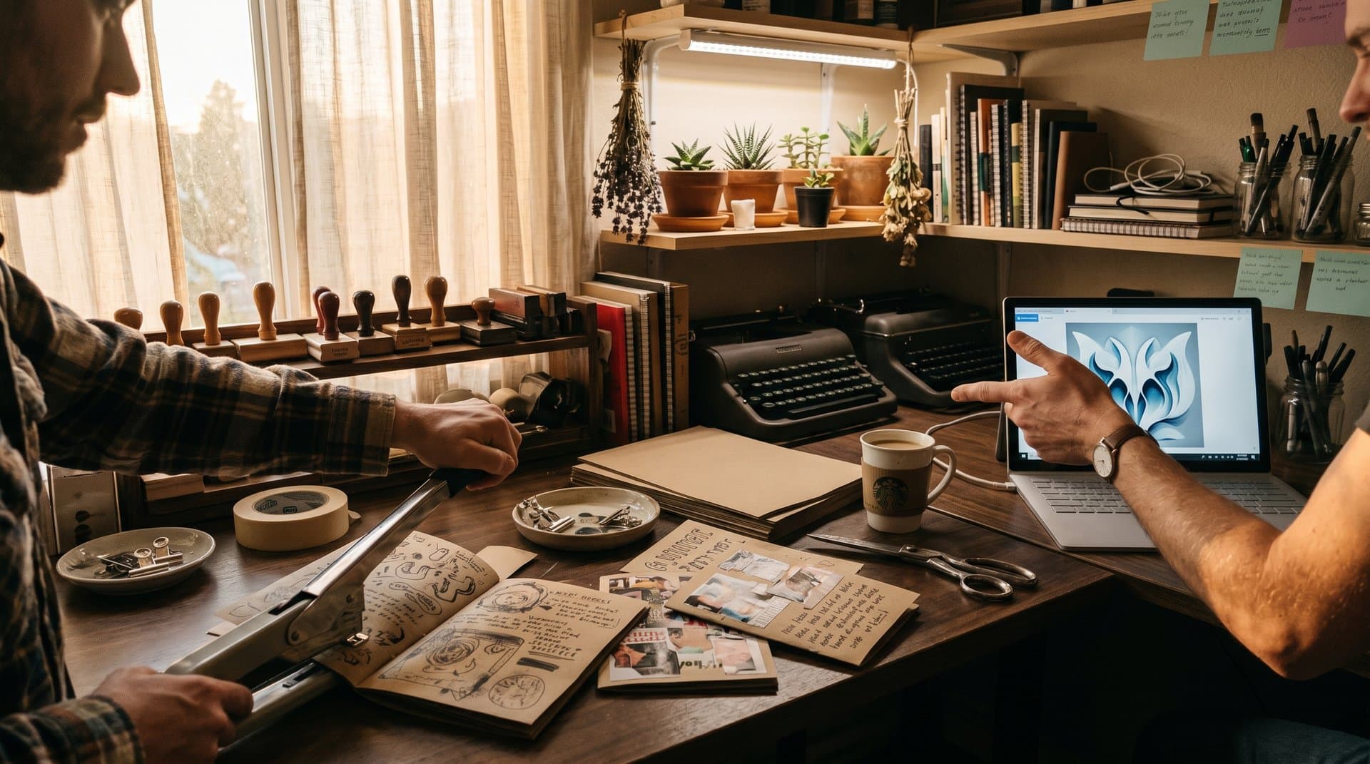 Handmade zines on workbench with stapler, contrasting AI screen in artist studio.