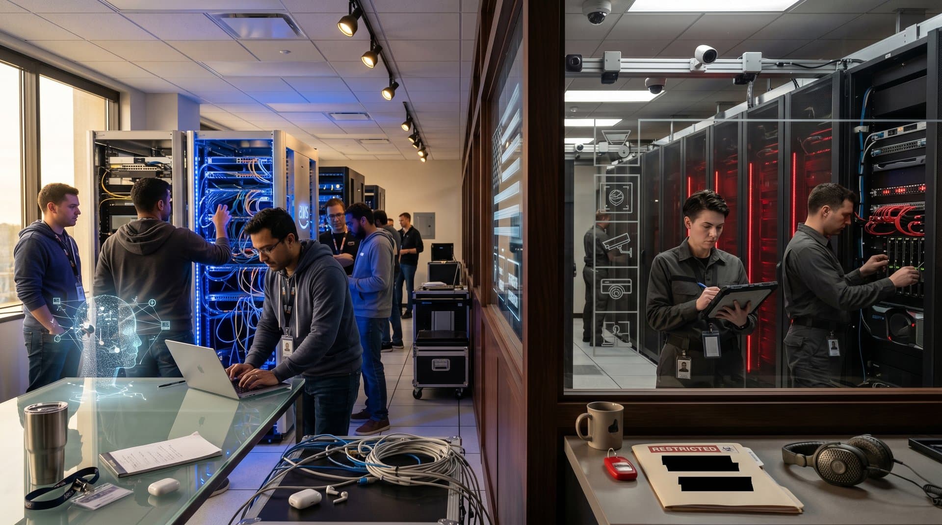 Split illustration of open US AI cloud ecosystem versus closed Chinese system with servers and neural networks