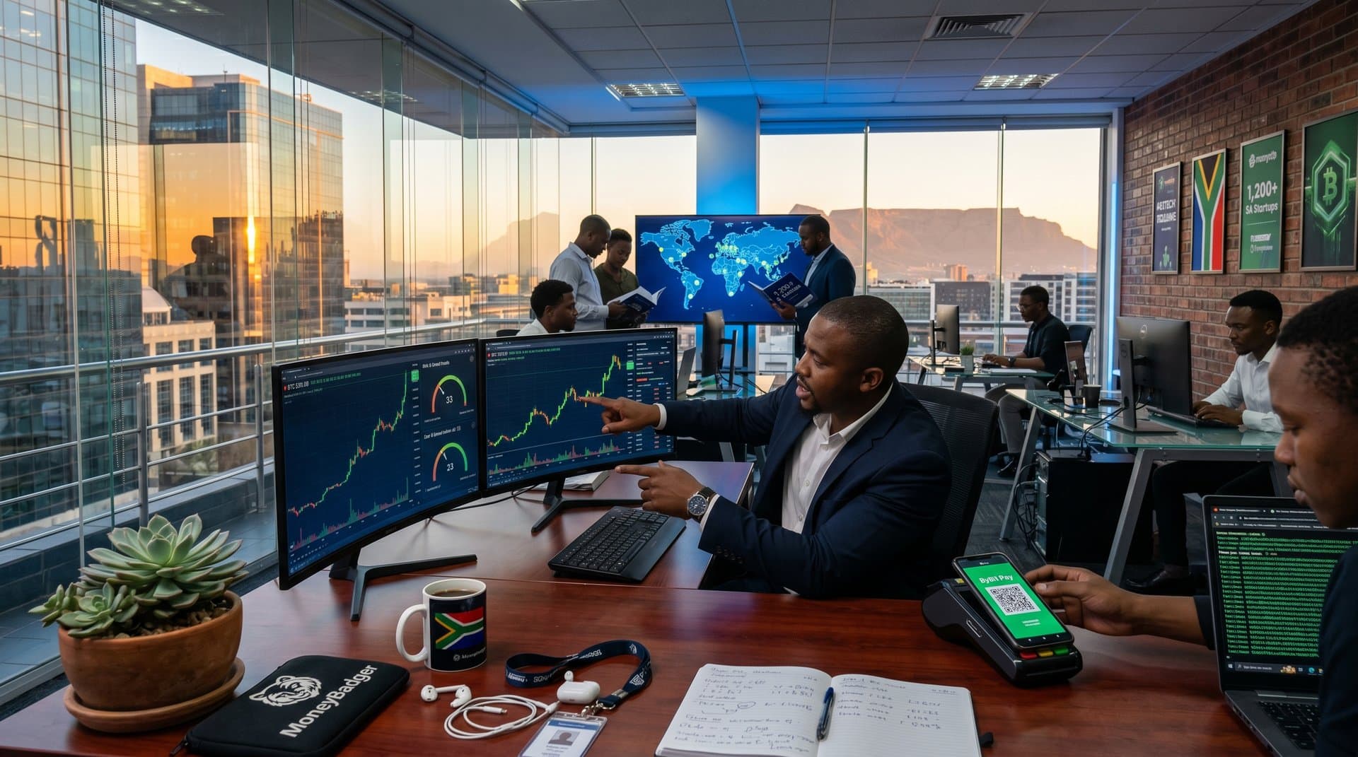 Modern Johannesburg fintech desk with glowing Bybit Pay MoneyBadger QR code on POS, crypto price charts on monitors including BTC at $76,147, and South African tech elements