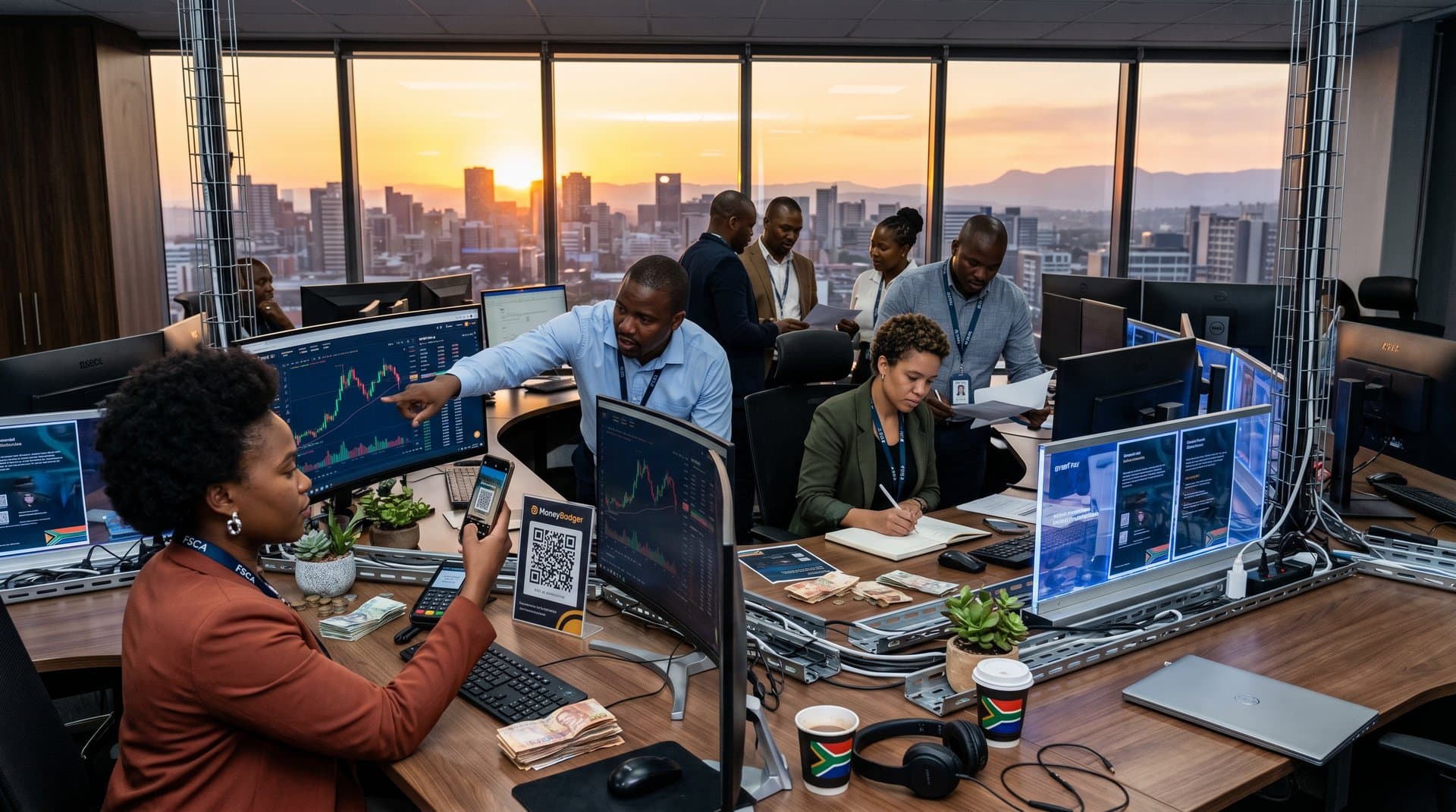 Fintech executives scan QR codes on modern trading desks with multi-monitors showing crypto prices and payment interfaces amid Johannesburg skyline view