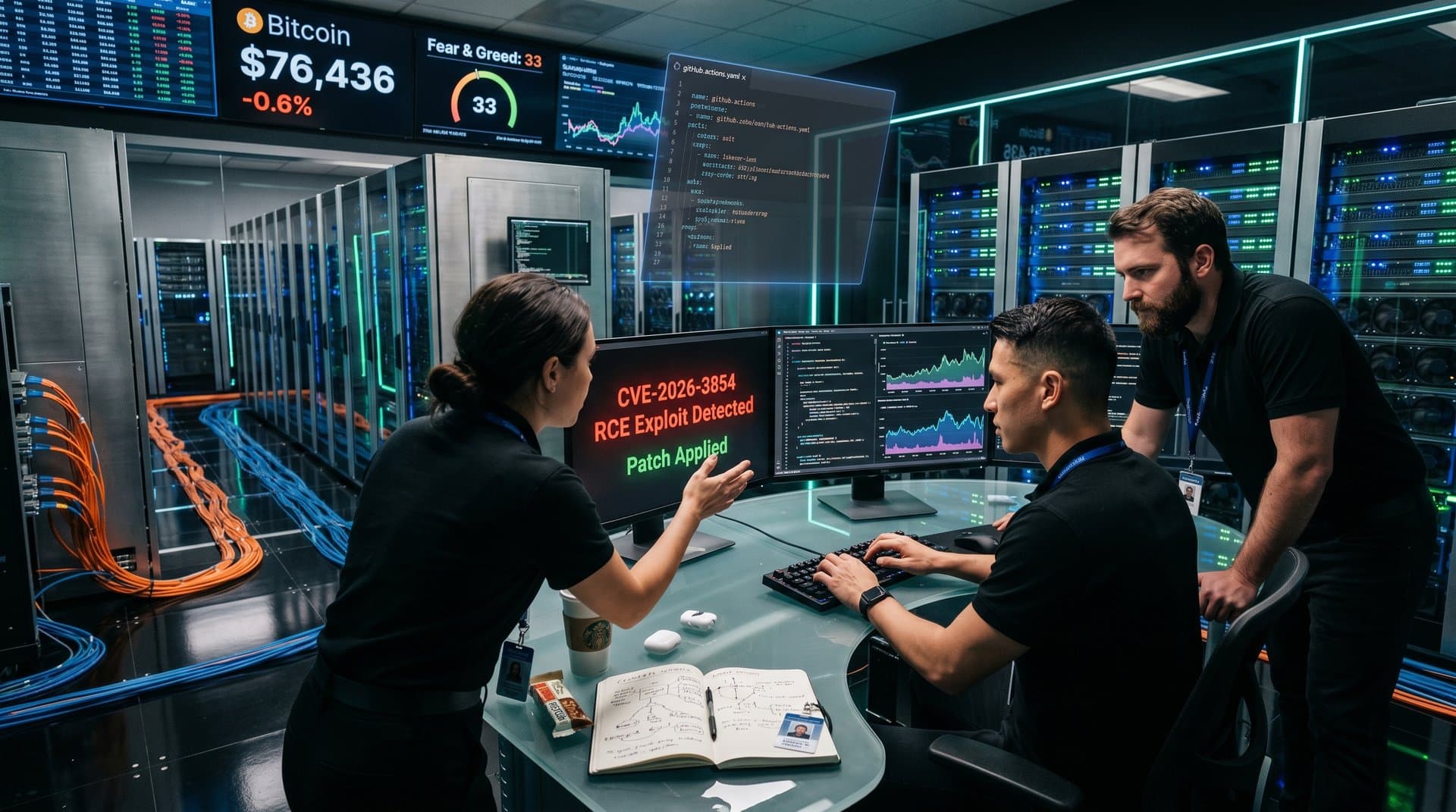 Data center servers displaying GitHub RCE alerts, blockchain networks, crypto prices