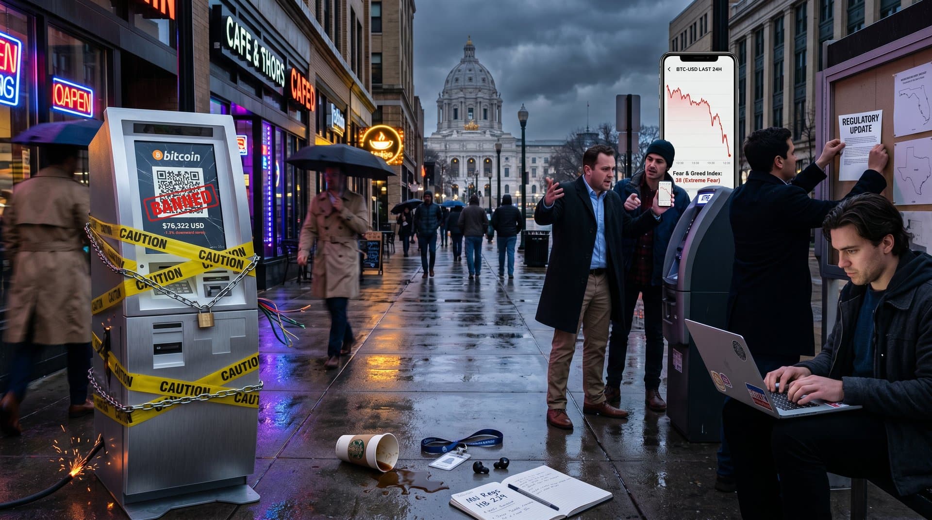 Crypto ATM prototype in data center with monitors showing BTC charts and regulatory alerts