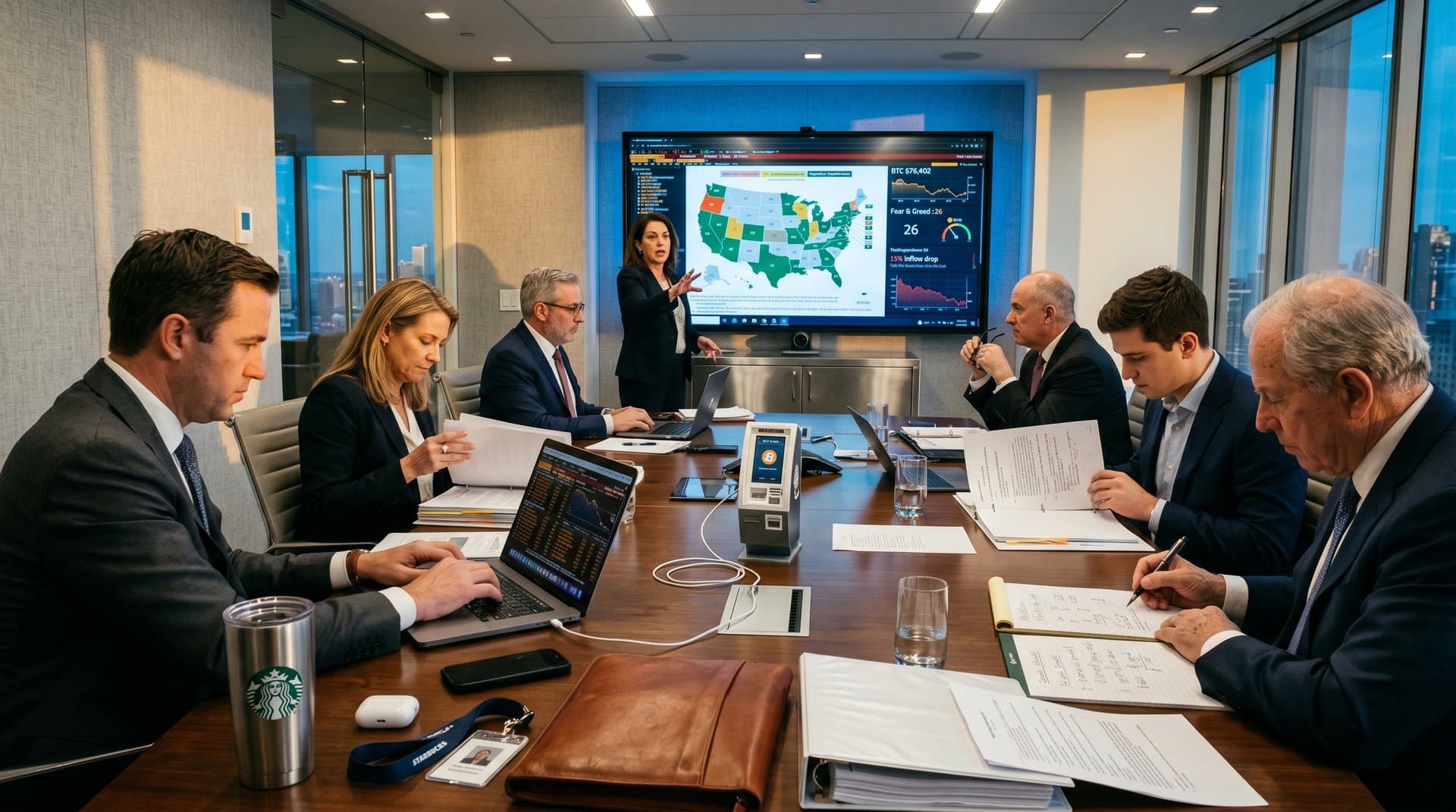 Regulatory team analyzes crypto kiosk regulations on maps and screens in modern law firm boardroom with market data displays