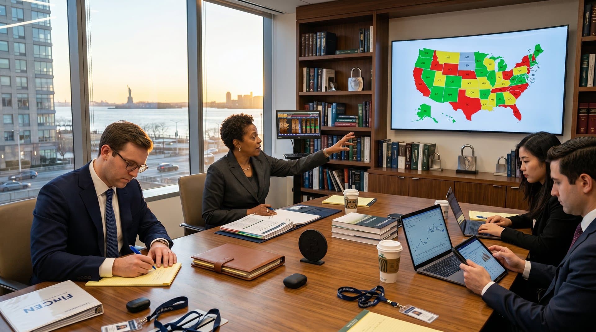 Legal team analyzes color-coded 50-state crypto kiosk regulation map on giant screen in luxury boardroom with NYC skyline, BTC charts, and compliance docs