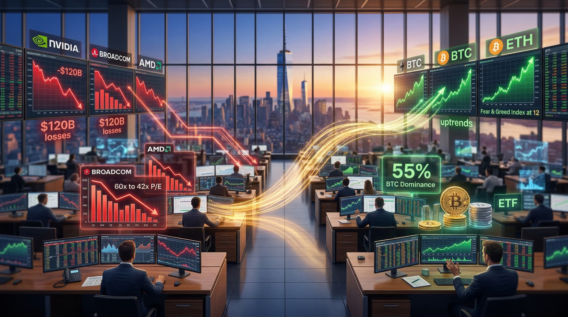 Great Rotation AI Stocks: $120B Flows to BTC as Fear Hits 12