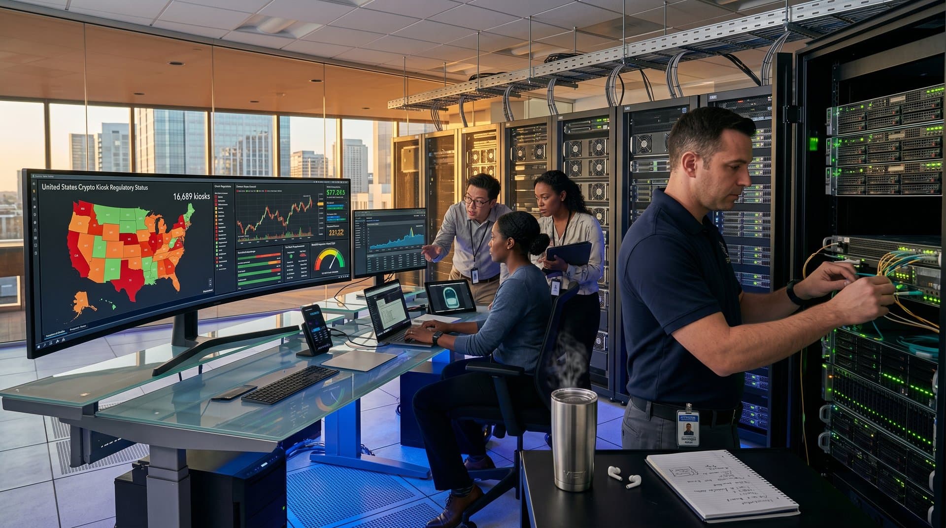 Team monitors crypto kiosk regulation compliance dashboards in secure Tier IV data center with server racks, state maps, and real-time BTC data