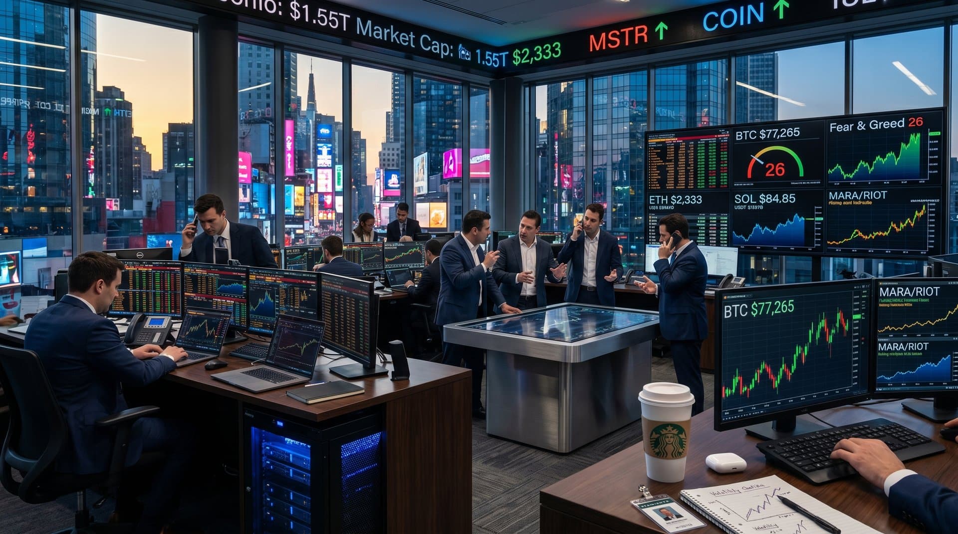 Trading floor with BTC $77K charts and Fear Index 26 on monitors amid skyline